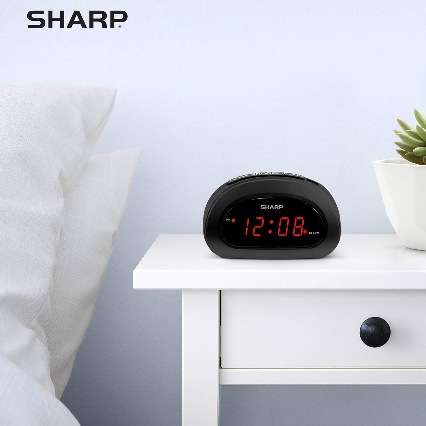 Sharp Small, Space-Saving Digital Alarm Clock – Compact Bedside Clock with Large Red LED Display, Easy Top Button Controls, Snooze, and Battery Backup – Perfect for Bedroom, Dorm, or Travel