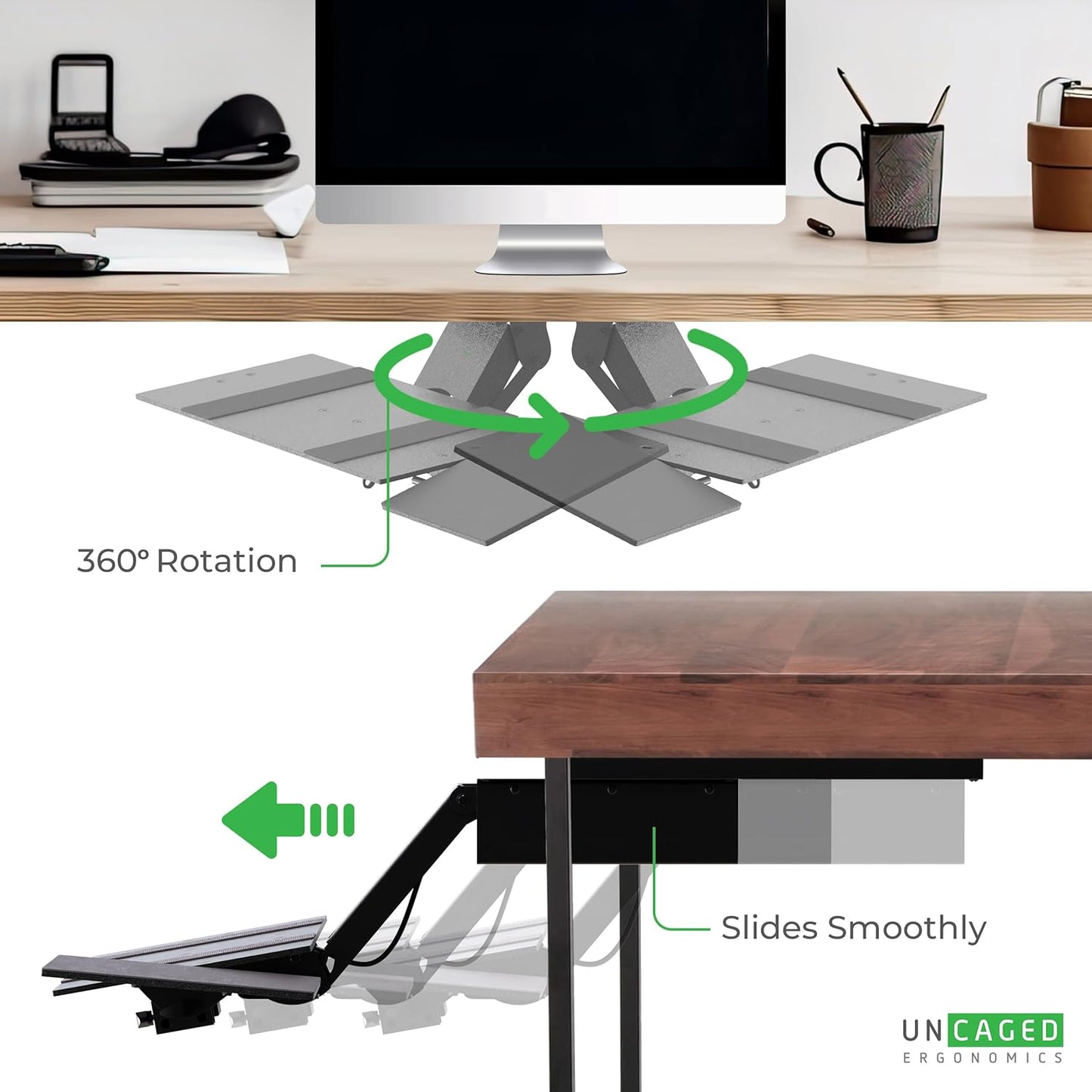 Uncaged Ergonomics KT2-b Under-Desk Adjustable Height & Angle Sit to Stand Up Keyboard Tray with negative tilt Best standing desk computer keyboard holder drawer