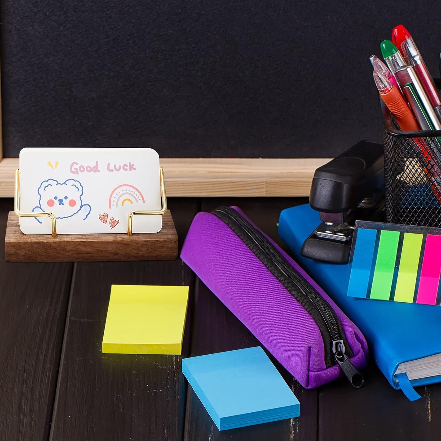 Amyhill 2 Pieces Wood Business Card Holder for Desk Wooden Business Card Display Stand Postcard Holder for Office Home Desktop (Wood Color, Gold)