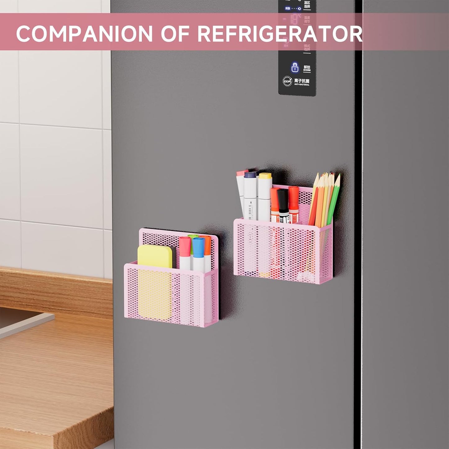 Magnetic Dry Erase Marker Holder, Mesh Pen Holder for Whiteboard,Magnet Pencil Organizer Storage for Refrigerator Locker Accessories Organizer for Home, School and Office(Pink)