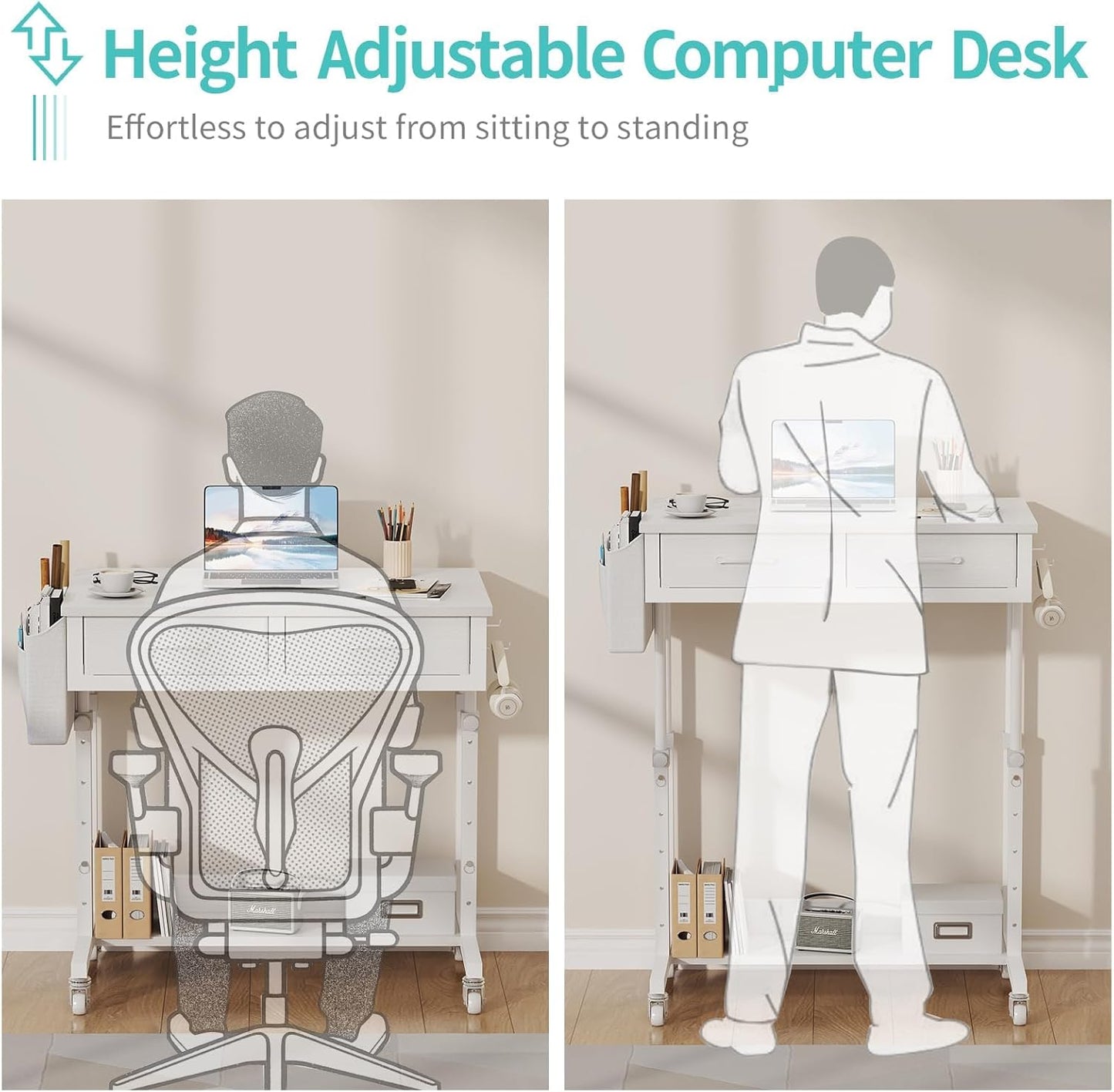 Small White Portable Rolling Desk - 32 Inch Adjustable Mobile Standing Teacher Desks with 2 Fabric Drawers on Wheels, Couch Sofa Side Laptop Table with Storage for Bedroom Home Office, White