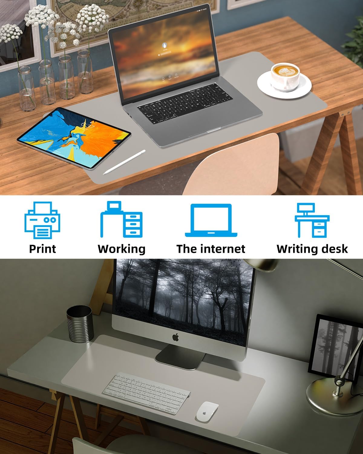 Leather Desk Pad Protector, Large Office Mat & Mouse Pad, Non-Slip Laptop Desk Blotter, Waterproof Writing Pad (Light Grey, 48" x 24")