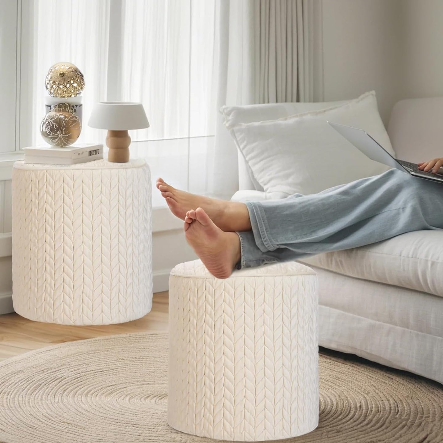 Modern Round Ottoman, Braided-Tufted Foot Stool Ottoman, Velvet Upholstered Vanity Stool for Makeup, Bedroom, Living Room, White