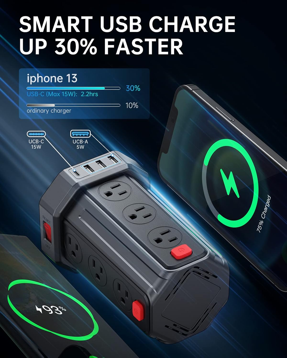 Power Strip Surge Protector, 10 Ft Extension Cord with 12 AC Multiple Outlets 4 USB (1 USB C), SMALLRT Power Tower Desktop Charging Station (Black, 10 FT)