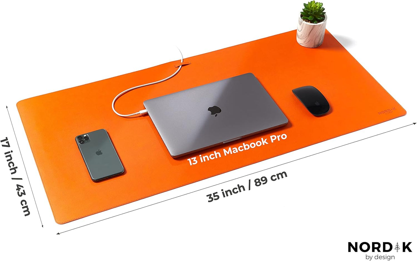 Nordik Leather Desk Mat Cable Organizer - Tangerine Orange 35 X 17 inch - Premium Extended Mouse Mat for Home Office Accessories - Non-Slip Vegan Leather Desk Pad Protector & Desk Blotter Pad
