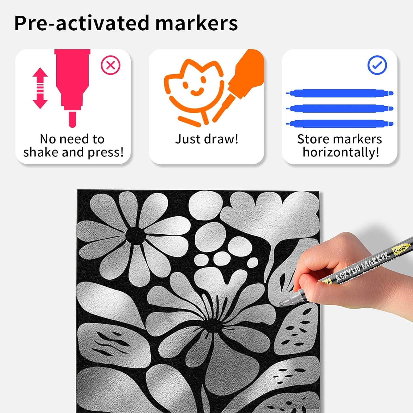 NAWOD 3 Silver Acrylic Paint Pens Markers, Dual Tip (Dot + Brush Tip), for Rock Painting Fabric Canvas Glass Wood Ceramic Paper Eggs, Fabric Marker Ideal for Labeling DIY Crafts Art Projects