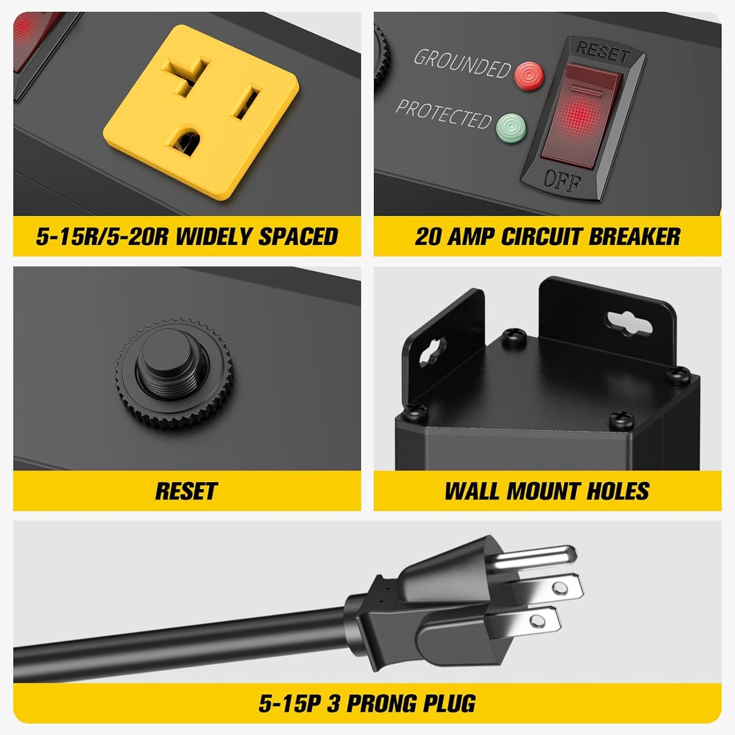 HHSOET 16 Outlet Long Power Strip, 10FT Heavy Duty Power Strip with 4800J Surge Protection, 20a Mountable Wide-Spaced Outlets for Home, Office, Garage & Workshop - ETL Certified