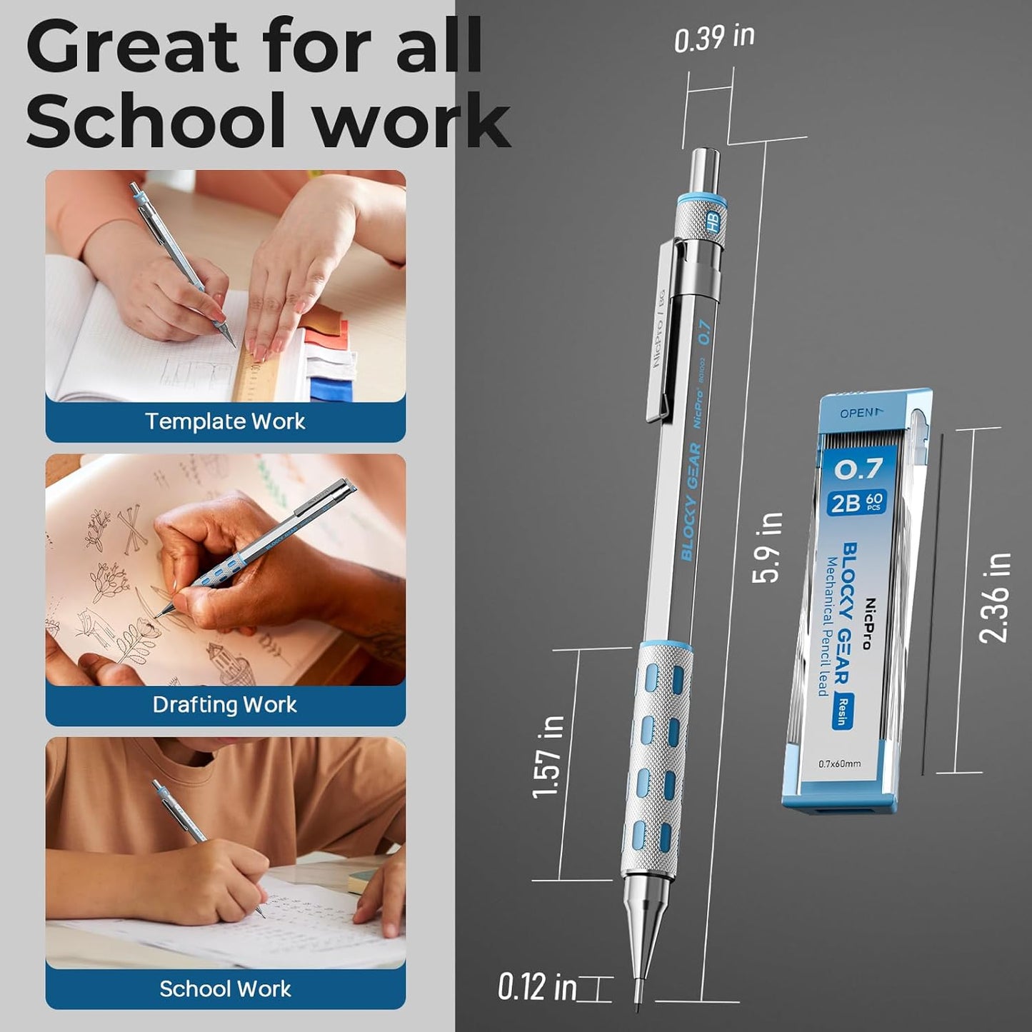 Nicpro 3 Pack Blocky Gear 0.7 mm Metal Mechanical Pencils Set with Case, Lead Drafting Pencil with 8 Tube (480PCS) Lead Refills(HB 2B), 4 Erasers, 18 Eraser Refills for Art Writing, Sketching Drawing