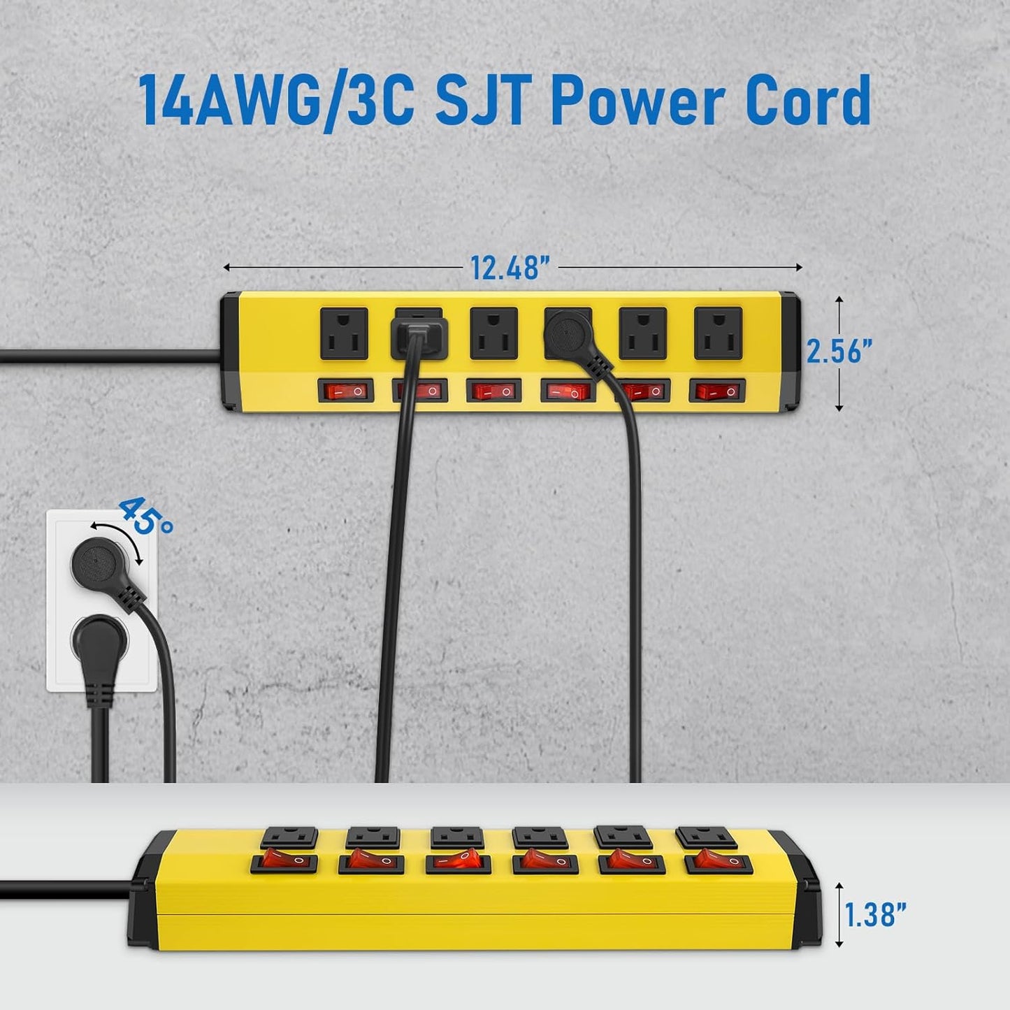 ANNQUAN 6 Outlet Metal Power Strip with 6 Individual Switches,Heavy Duty Power Strip 1200J 15A 25FT Cord Home Office Industrial Commercial Shop