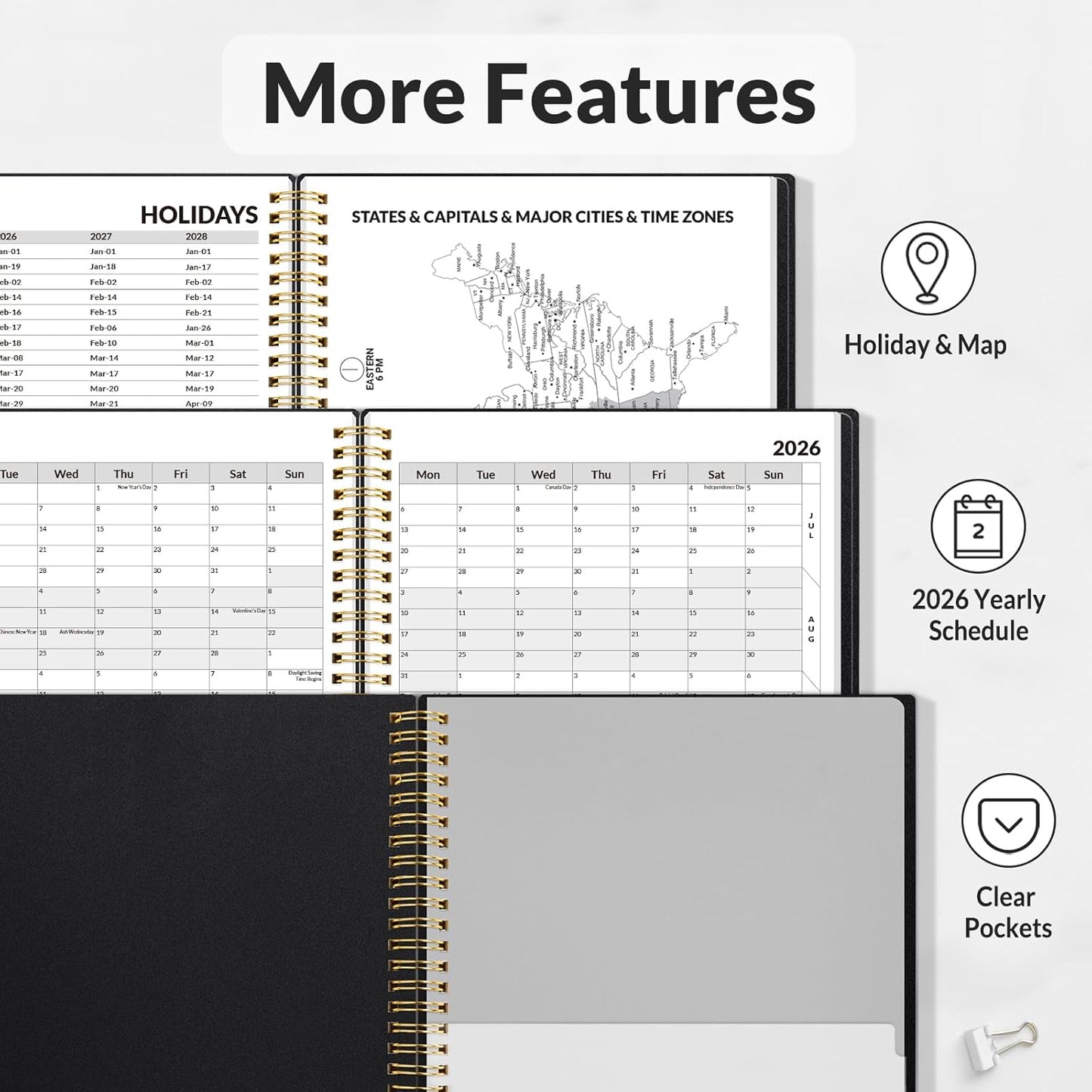 SUNEE 2026 Weekly and Monthly Planner - from January 2026 - December 2026, 8.5"x11" Daily Agenda Planner with Monthly Tab, Flexible Cover, Note Pages, Pockets, Bookmark, Spiral Binding, Black