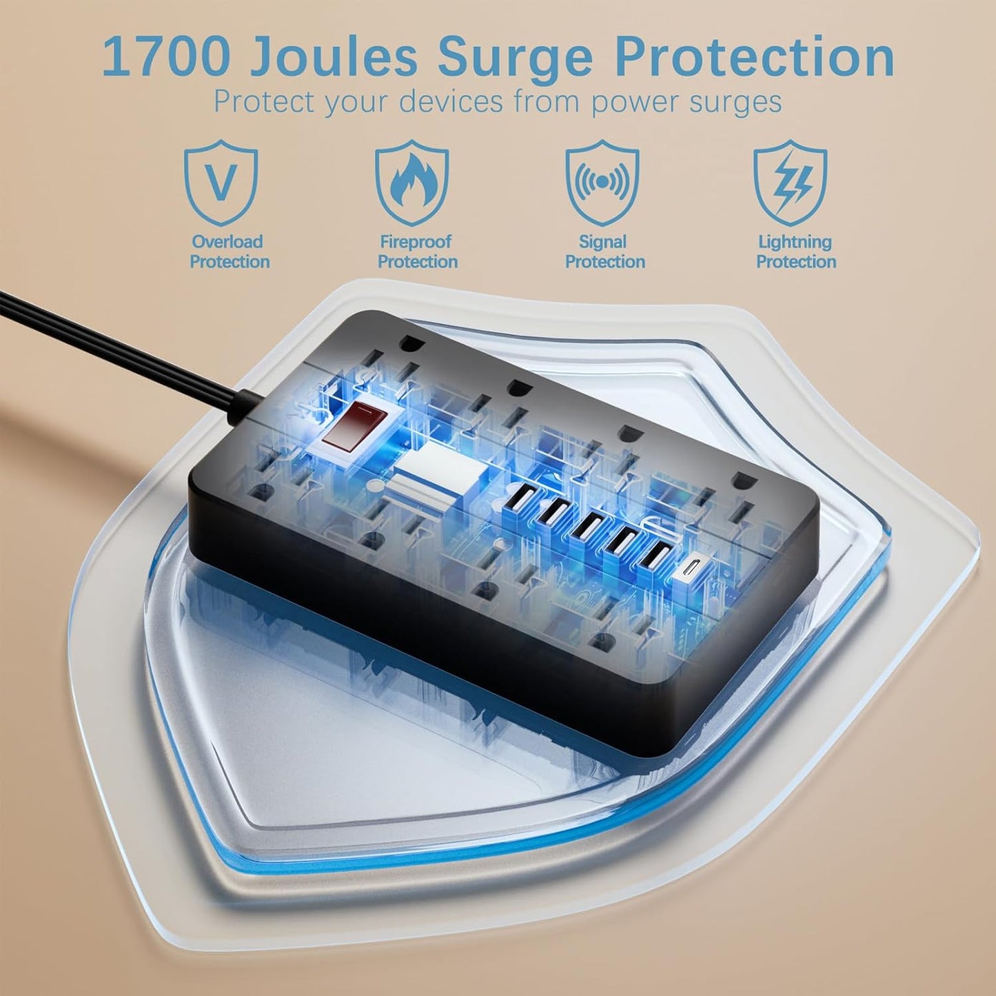 15 Ft Long Extension Cord Power Strip Surge Protector, HUNIAN Flat Plug with 8 Widely Spaced Outlets 6 USB, Wall Mount Charging Station for Home and Office, Black