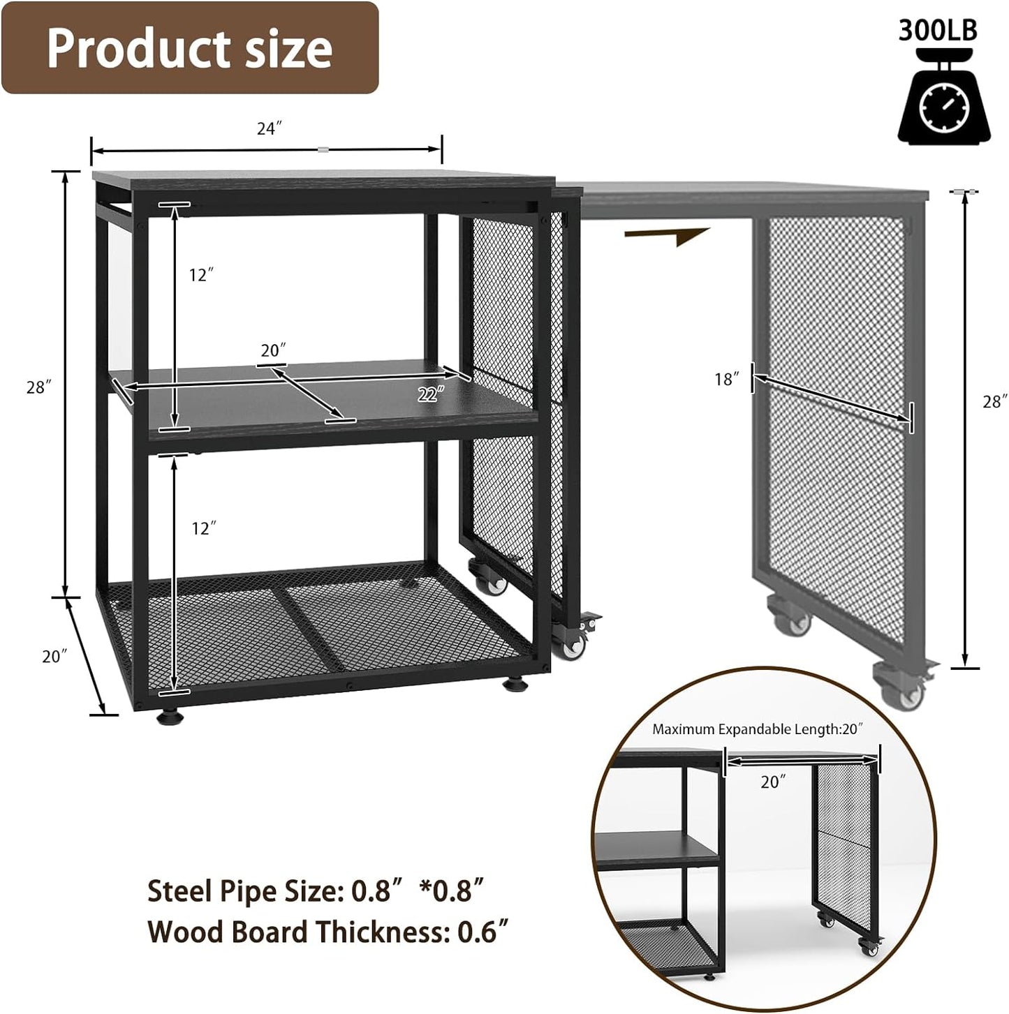 Natwind 24''x20''x29'' Large Printer Stand with Storage Shelves,Extendable Home Craft Table,Home Office Organization Desk, Versatile Table for Home Office, Kitchen, Study Room, Living Room (Black)