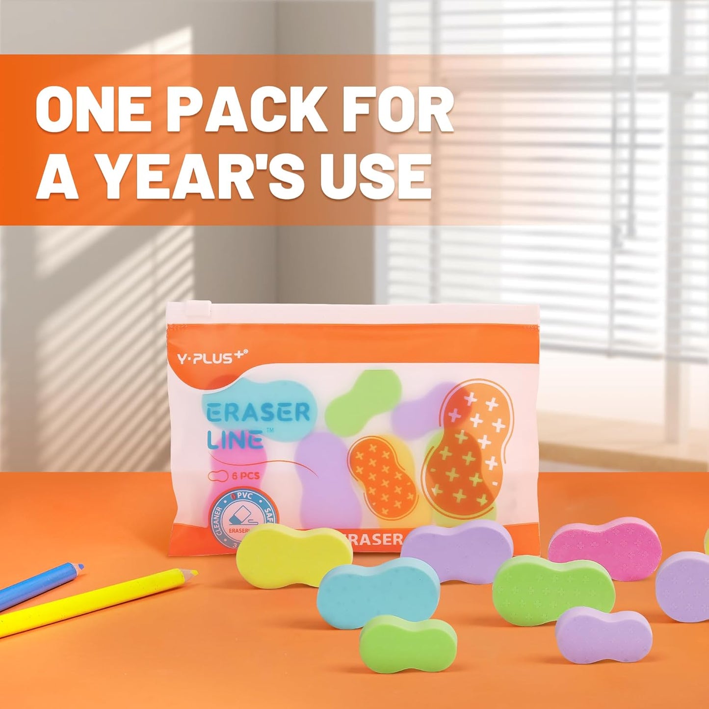 Yplus Eraser Line - Hipolymer Pencil Erasers for School Office, Cute White Rubber Eraser for Kids, Artist No Residues, 6 Pcs Multicolors
