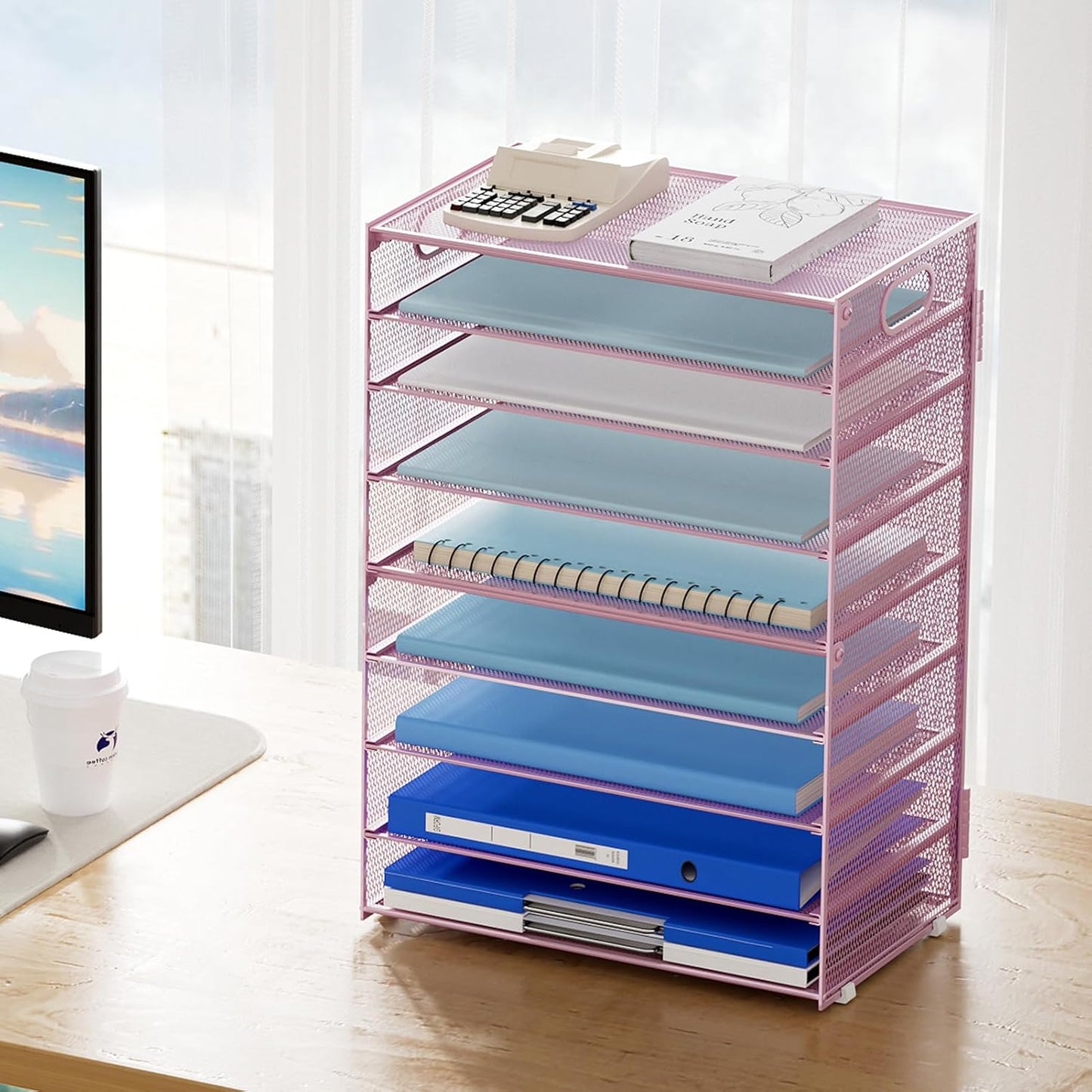Marbrasse Paper Organizer Letter Tray, 9 Tier Mesh File Organizer with Handle, Paper Sorter Desk Organizer for Home Office Supplies - Pink