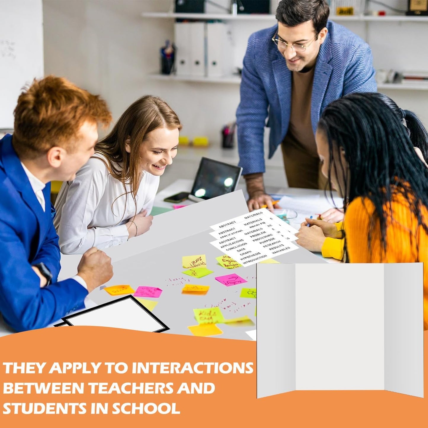 4 Pack 36"x48" Large Trifold Poster Display Board with Headers,White Foldable Presentation Paper Board with 4 Science Subtitles and 32 Self-Adhesive for School Science Business Project Display