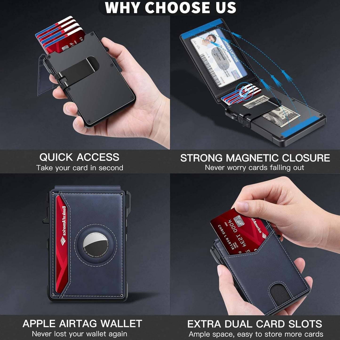 Airtag Wallet for Men, Mens Smart Wallet for Air Tag RFID Blocking, Minimalist Bifold Pop Up Aluminum Credit Card Case Holder 12+ Cards with ID Window, Gift for Men, No Airtag Included, Navy