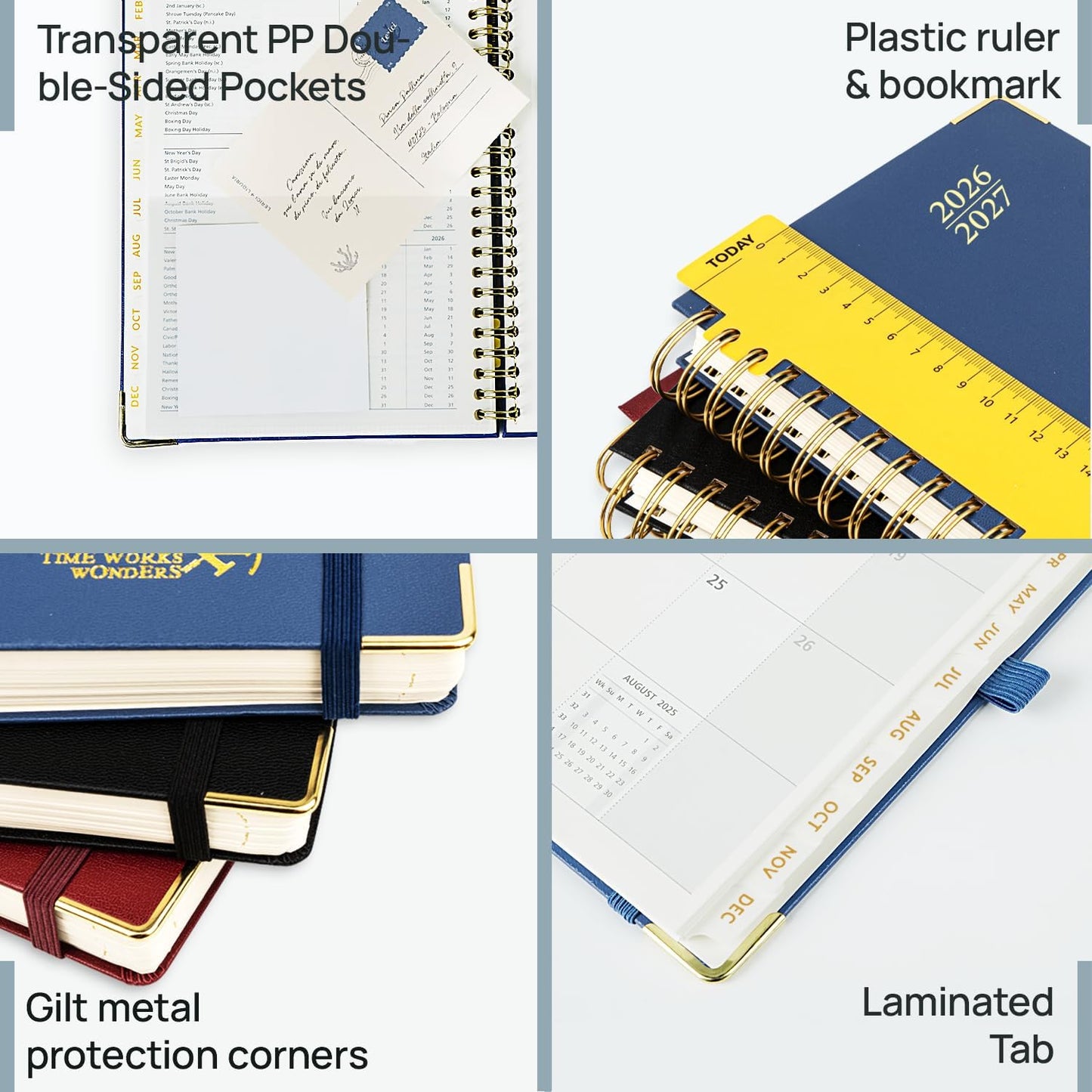 POPRUN Monthly Planner 2026-2027 Spiral Hardcover (6.25'' x 8.5''), 18 Months Calendar (Jan.2026-Jun.2027) - 2 Pages per Month with Dotted Note Pages, Sunday Start, Laminated Tab - Navy Blue