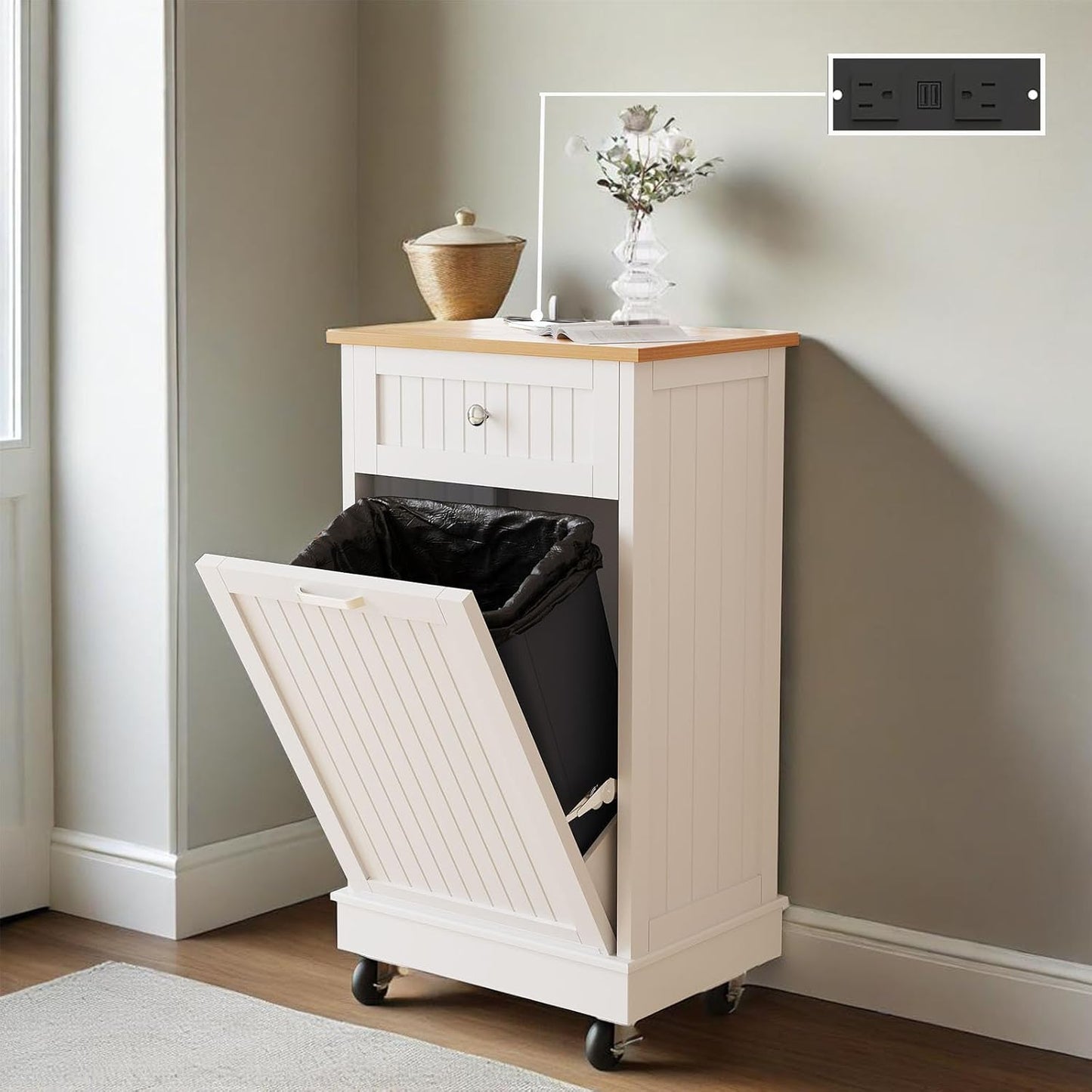 10 Gallon Tilt Out Trash Cabinet, Wooden Kitchen Trash Can Cabinet with Hideaway Drawer, Freestanding Laundry Hamper Garbage Recycling Cabinet on Wheels, Pet Proof, Single, White