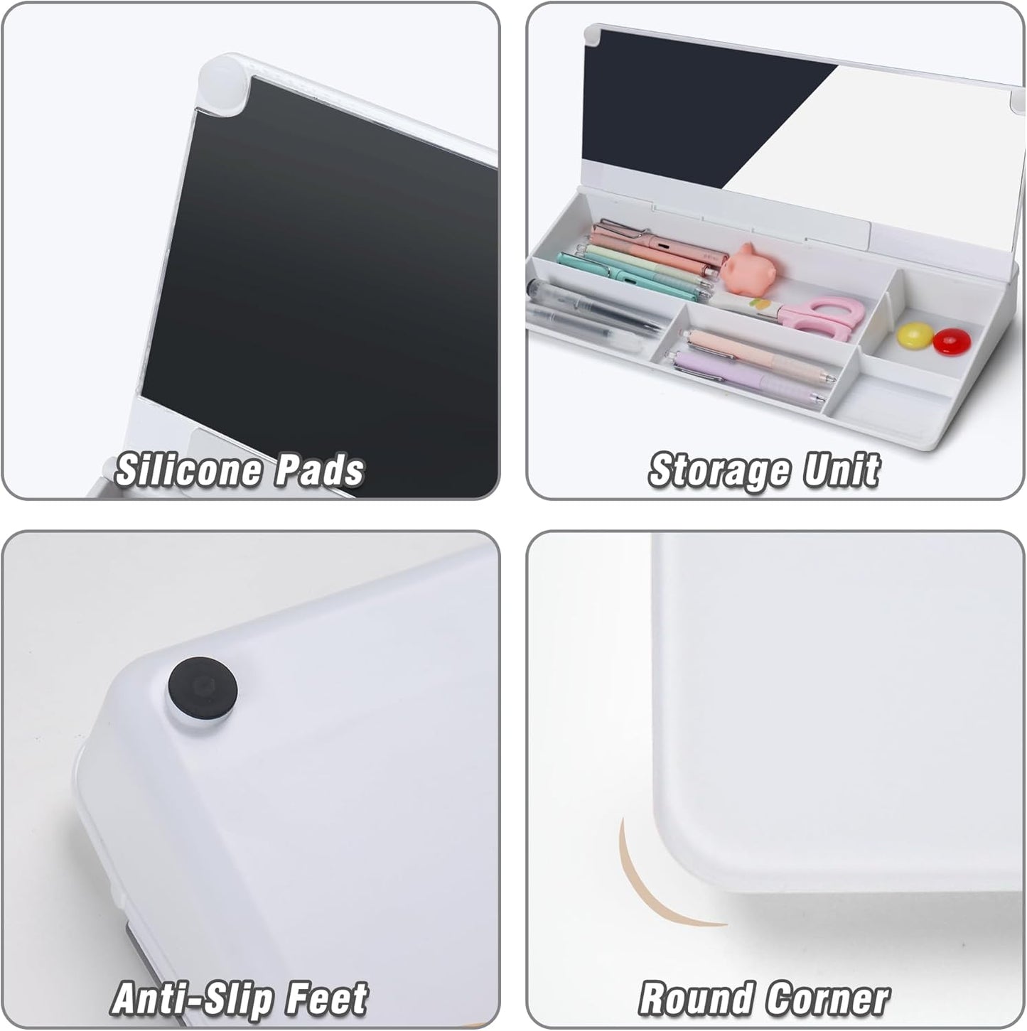 SELEAD Desktop Glass Whiteboard with Organizer & Built-in Mirror, Small Dry Erase White Board Computer Pad Keyboard Stand for Home, School, Office Desk Accessories - White