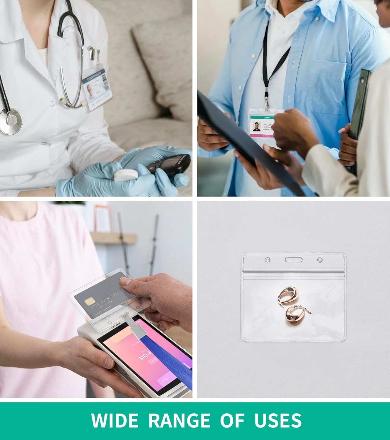 50 Pcs Horizontal ID Badge Holder, Clear Plastic Card Sleeve, Nurses Work Name Tag Holders, Key Cover Protector with Waterproof Zip for Lanyard, Fits Credit Size Cards