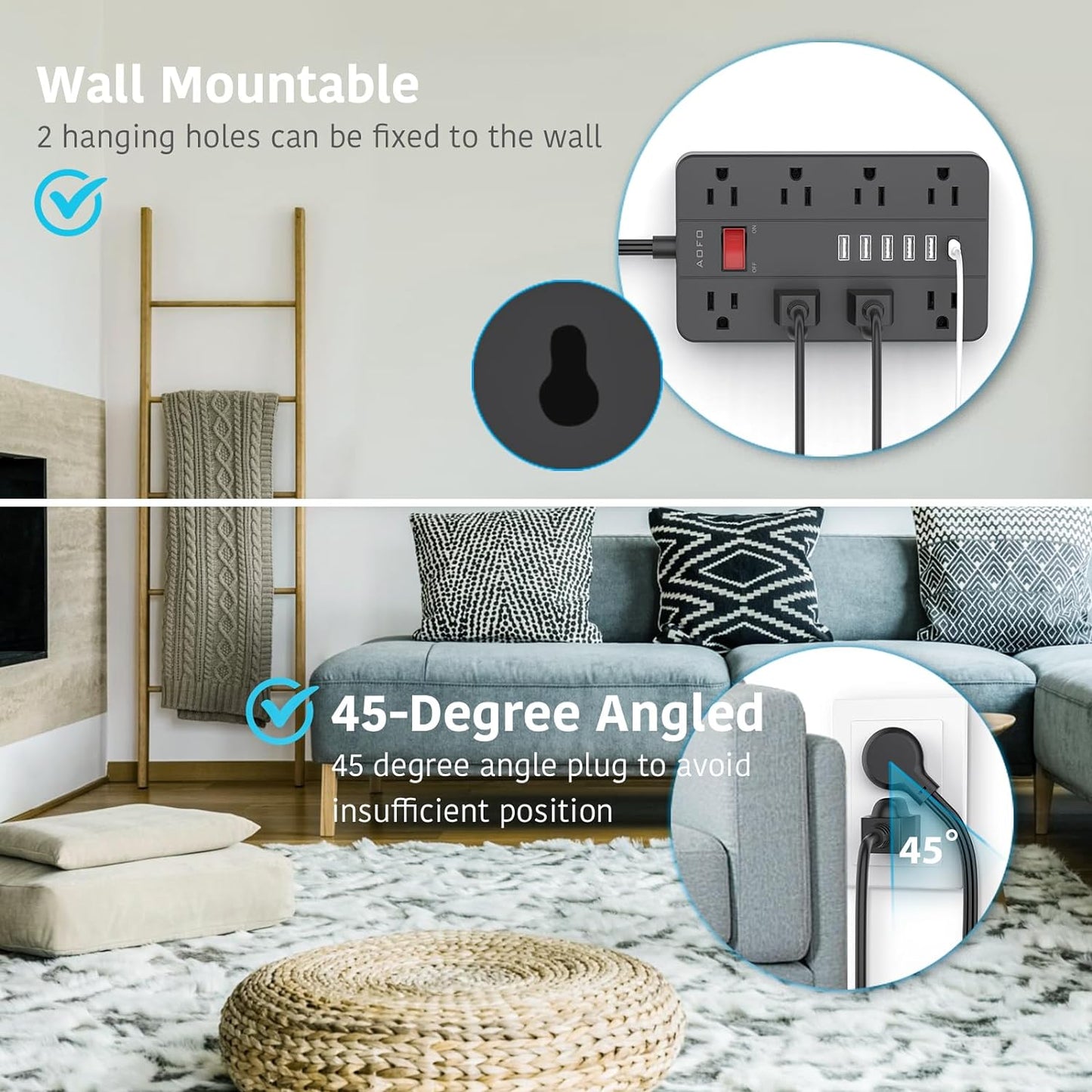 Surge Protector Flat Extension Cord Flat Plug Power Strip, AOFO 8 Widely Spaced Outlets and 6 USB Charger(1 USB C Port), 5 Ft, for Travel, Office, School, Dorm Room Essentials, Black