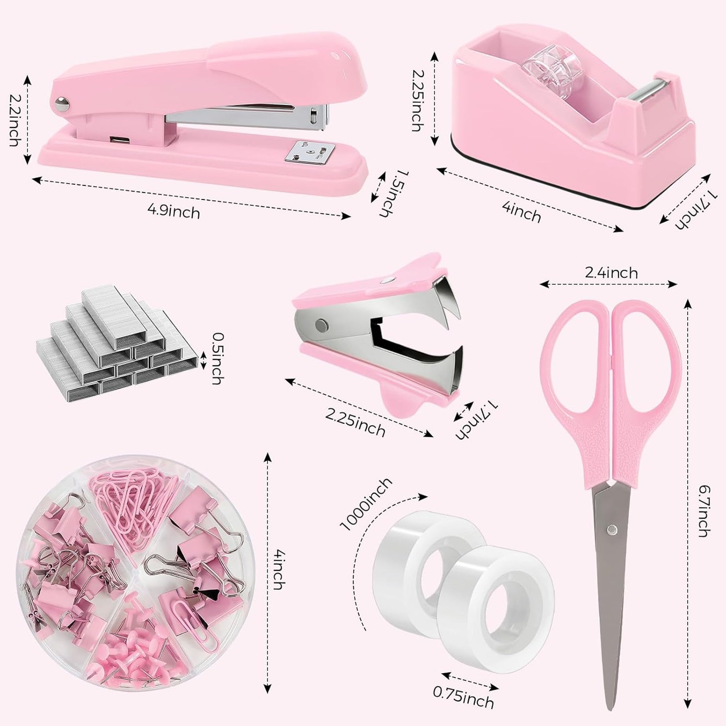SKYDUE Pink Office Desk Accessories, Pink Office Supplies, Stapler, Tape Dispenser, Scissors, Clips and 1000pcs Staples,Office Supplies for Desk for Women