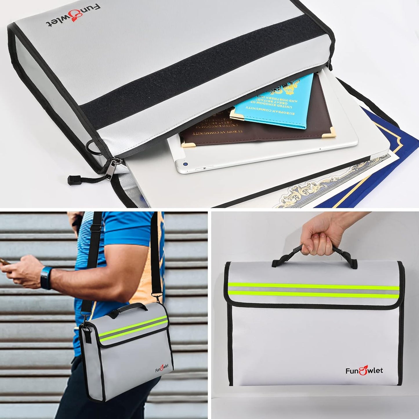 Fireproof Waterproof Money Document Bag - Large Fireproof Safe Box with Wallet Protector, Fire & Water Resistant Storage Organizer Pouch for A4 Documents Holder,File,Jewelry,Passport,Laptop (Gray)