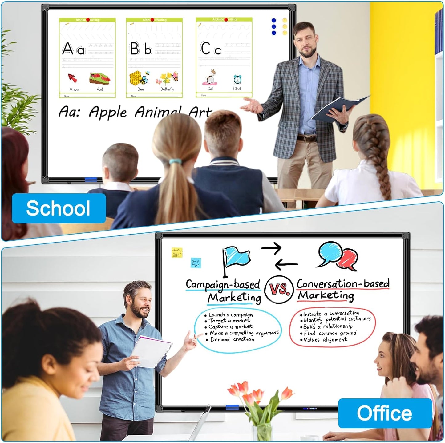 H-Qprobd 40"x30" Magnetic White Board Dry Erase Wall Mount Whiteboard - Office Home Classrooms White Board Hanging Writing Board with Black Aluminum Frame