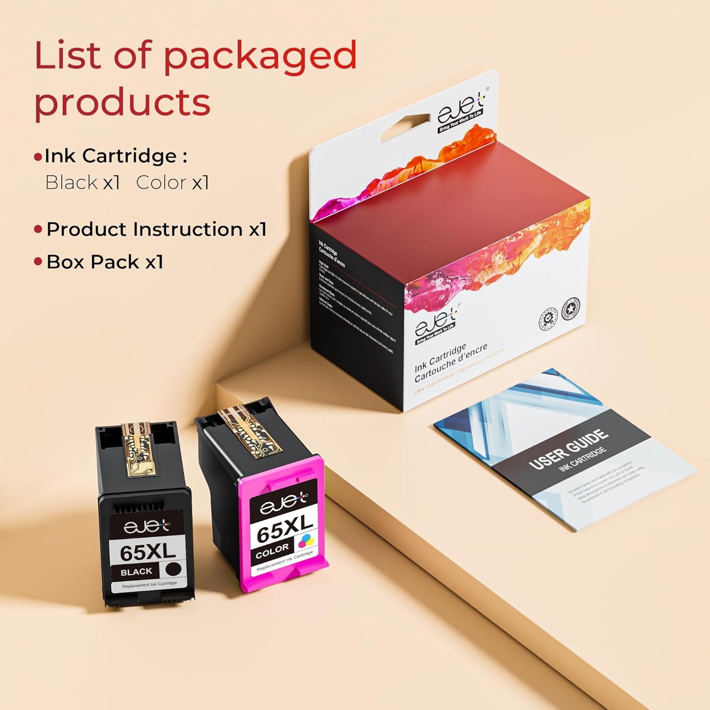 65XL Ink Cartridge Black/Color Combo Pack Replacement for HP 65XL High Yield Works with HP DeskJet 3752 3755 3700 3772 2655 2652 2622 Envy 5010 5012 5055 5052 AMP 100 Printer,Black, Tri-Color, 2-Pack