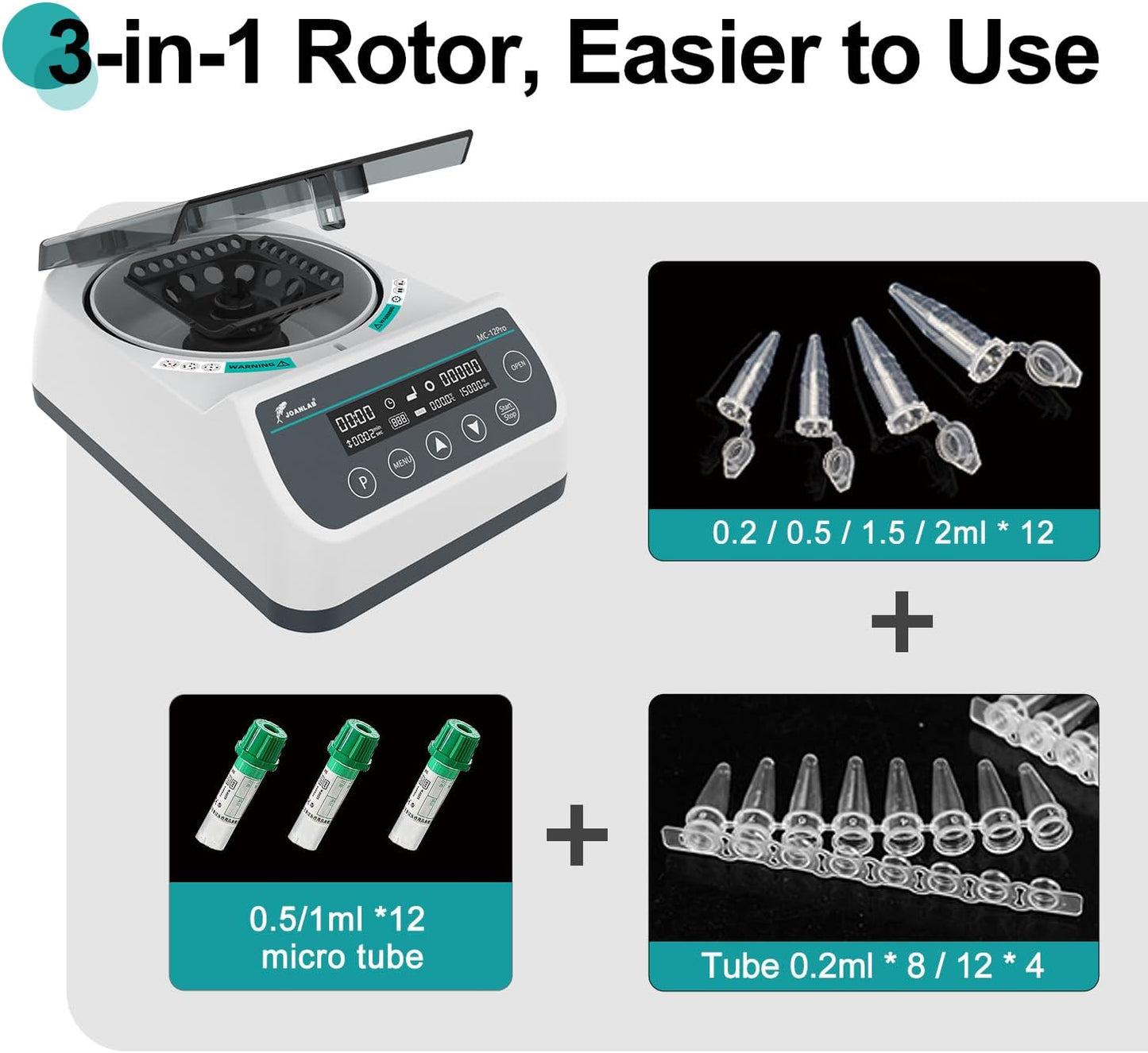 Lab High Speed Centrifuge Machine Bechtop Microcentrifuges 3 in 1 Rotor for 0.2/0.5/1.5/2mL Tube Capacity (12000RPM)