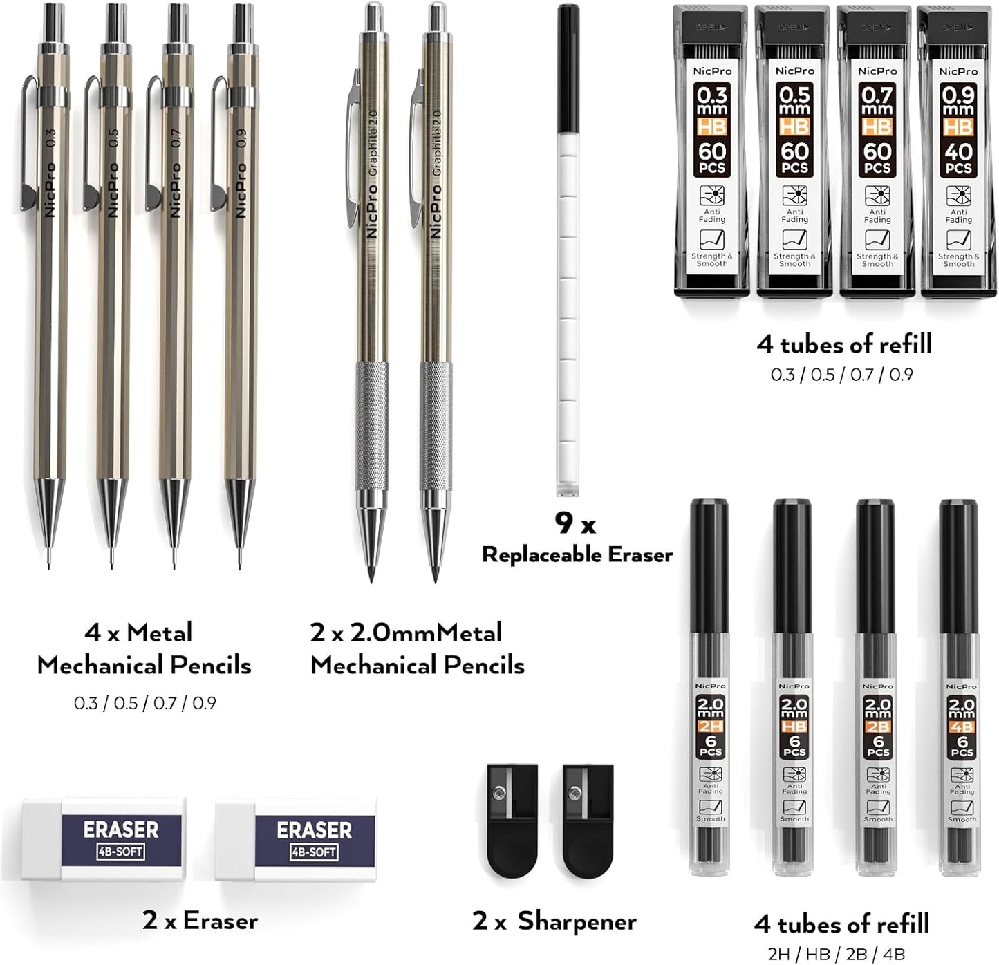 Nicpro 6PCS Metal Mechanical Pencil Set, Full Copper Drafting Pencil 0.3, 0.5, 0.7, 0.9 mm & 2PCS 2mm Graphite Lead Holder(4B 2B HB 2H) For Art Sketching Drawing With Lead Refills Eraser Case