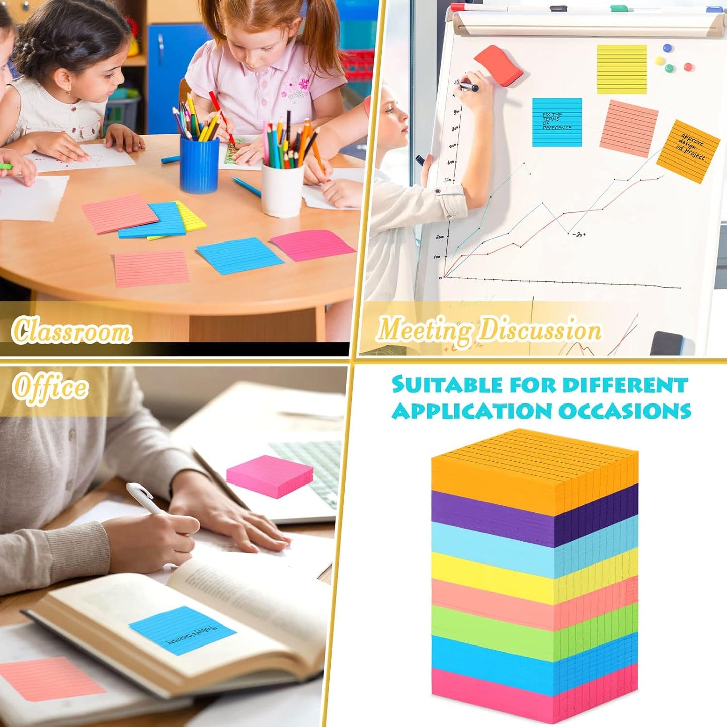 Yexiya 64 Pcs Lined Sticky Notes Self Stick Notes with Lines Bright Assorted Colors Sticky Pad for Home Office Products Post Memos, 1920 Sheets(4 x 4 Inch,Chic Color)