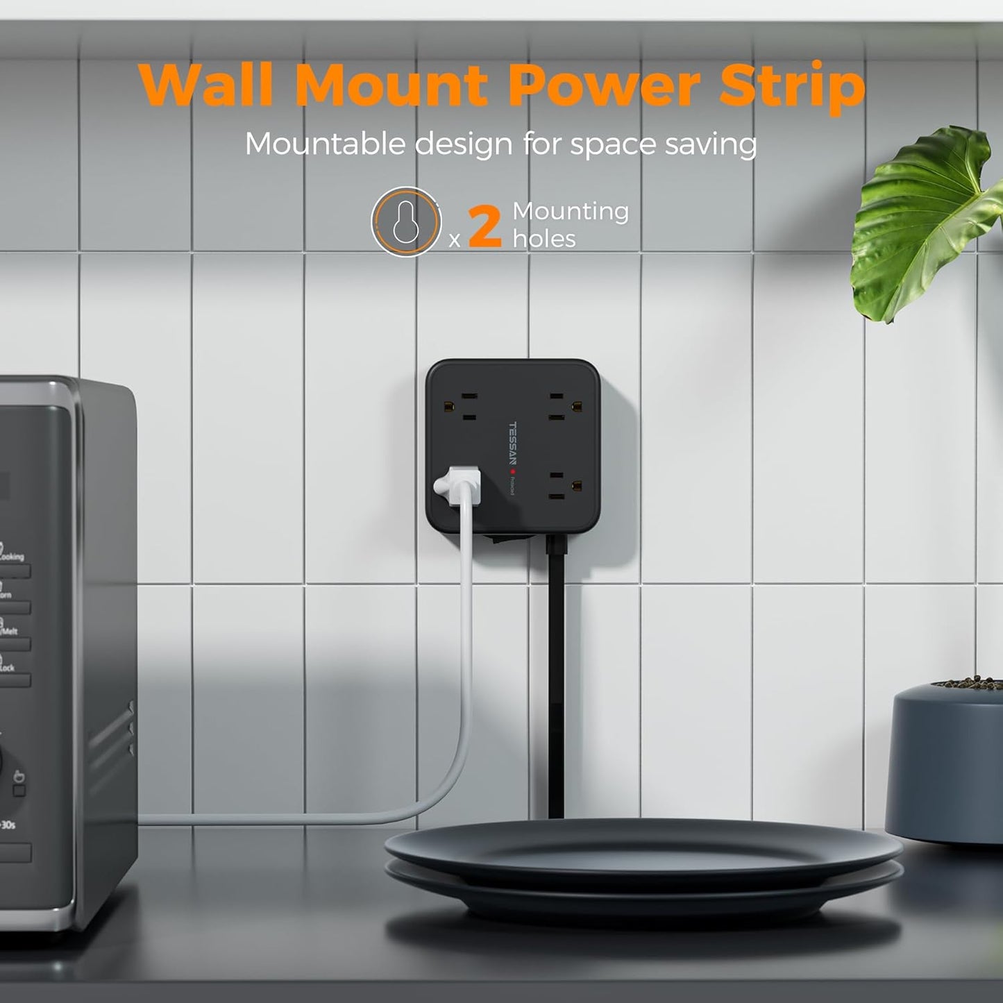 Surge Protector Power Strip, TESSAN 5 FT Black Flat Extension Cord with 8 AC Outlets 3 USB Ports (1 USB C), 900J Protection, 1875W, 3 Sided Wall Plug Extender, Desk Charging Station for Office, Dorm