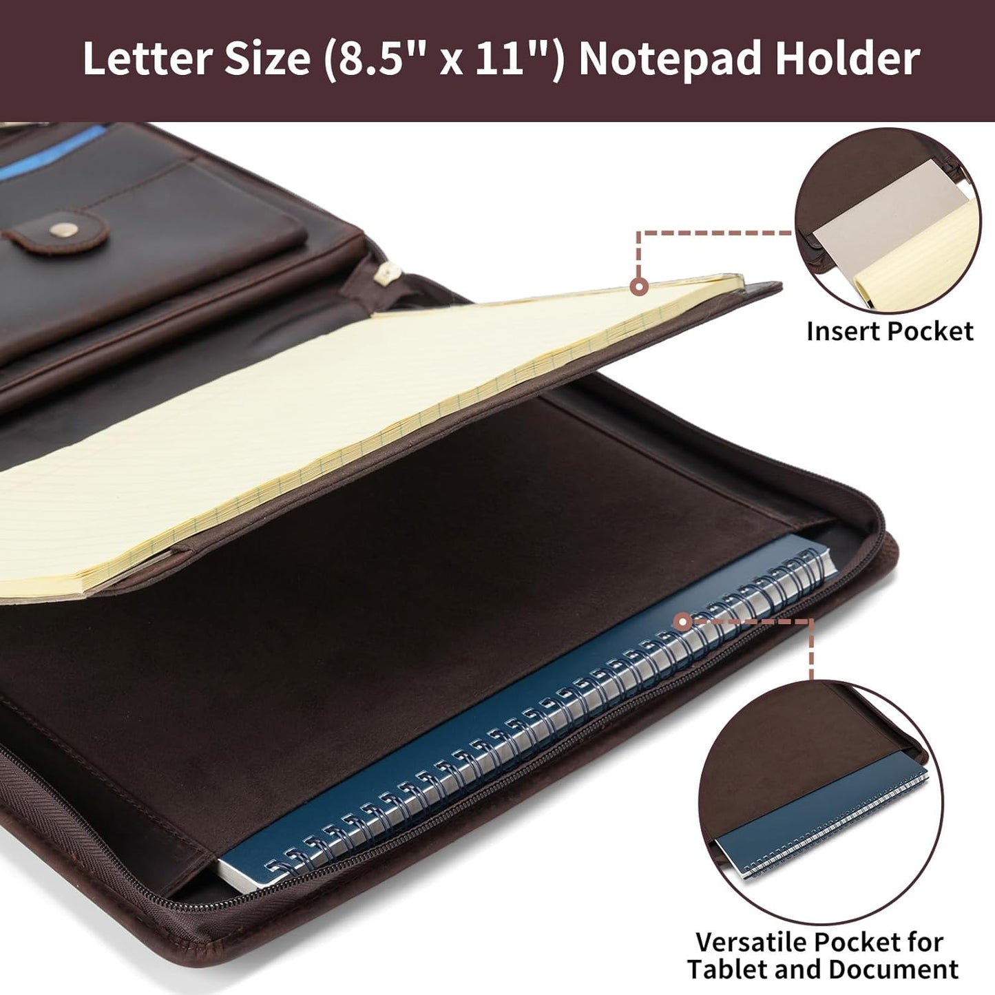 Genuine Leather Portfolio with Front Pocket for Men and Women, 8.5 x 11 Legal Pad Notepad Holder, Zippered Business Organizer, Professional Executive Letter Notebook Folder for Work, Dark Brown