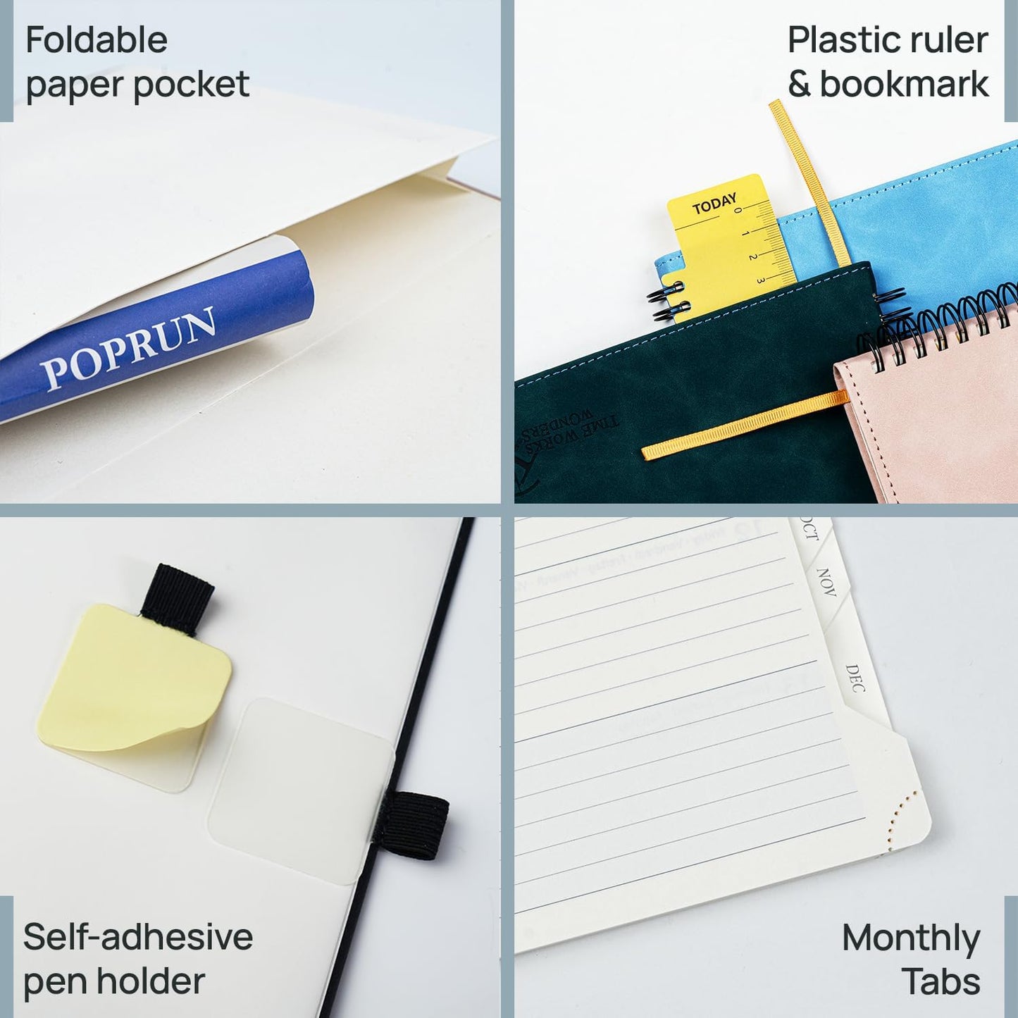 POPRUN 2026 Planner Weekly Notebook (Jan-Dec), Medium 8.5''x 6.5'' - Agenda 2026 Calendar Book with Monthly Tabs, Inner Pocket, Spiral Soft Cover, 100 GSM - Cerulean Blue