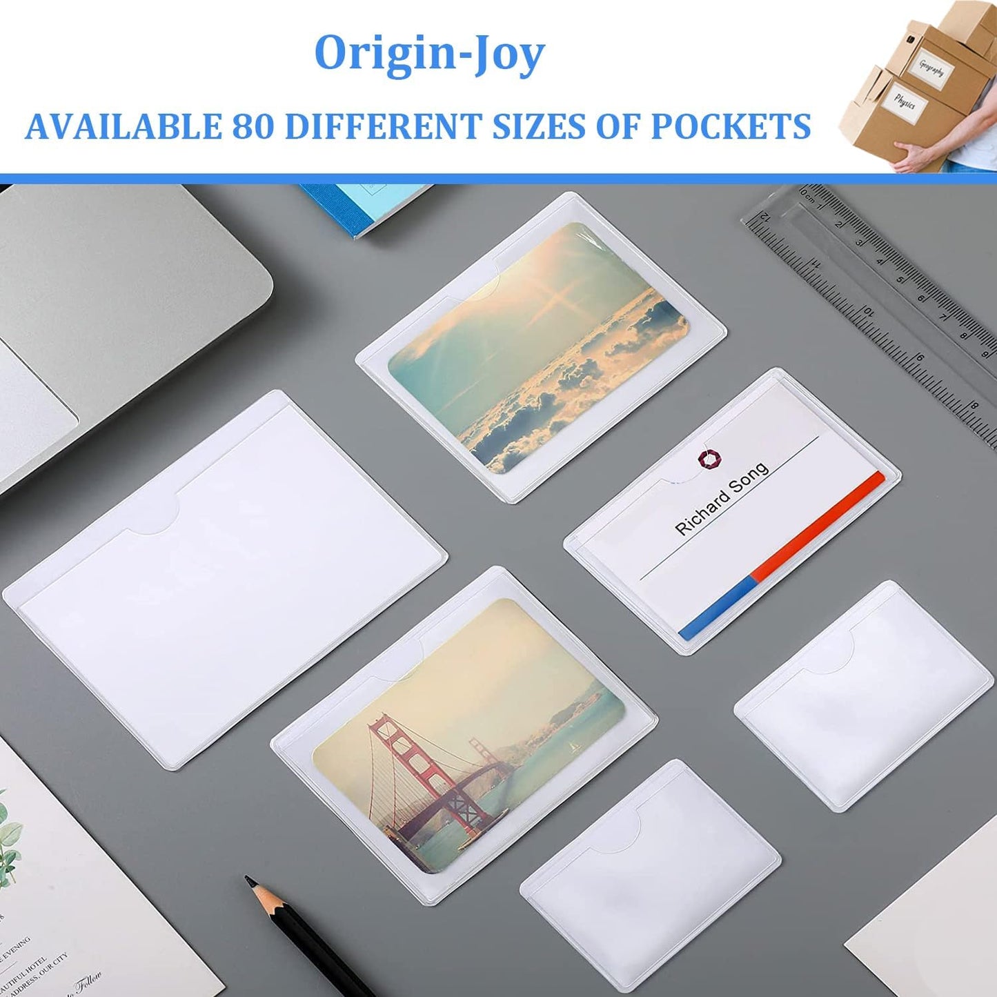 Origin-Joy 60 PCS Self Adhesive Index Card Pockets with Top Open, Clear Plastic Label Holder for Cards of Note, Library and Business, Adhesive Label Pockets & Card Holder (4 x 2 inch)