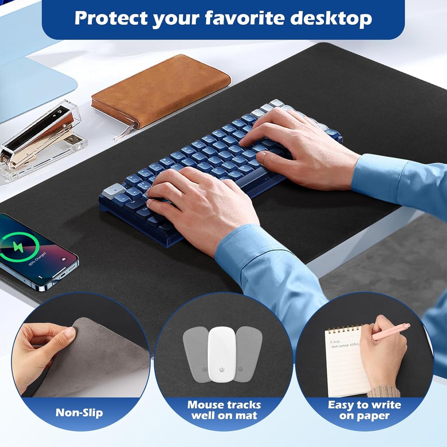 Wireless Charging Desk Mat with Desk Pad for Desktop Charging Large Mouse Pad Waterproof Leather Computer Mat Mouse Pad Non-Slip Protector on Top of Desks for Keyboard and Mouse (black-l, 32*16inch)