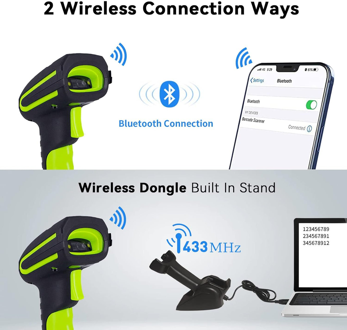 Alacrity Upgraded 2D Industrial Barcode Scanner with Wireless Charging Stand, 1968 Feet Transmission Distance 433Mhz Wireless & Bluetooth 2in1 Barcode Reader, Shock Dust Proof Hands Free, Green