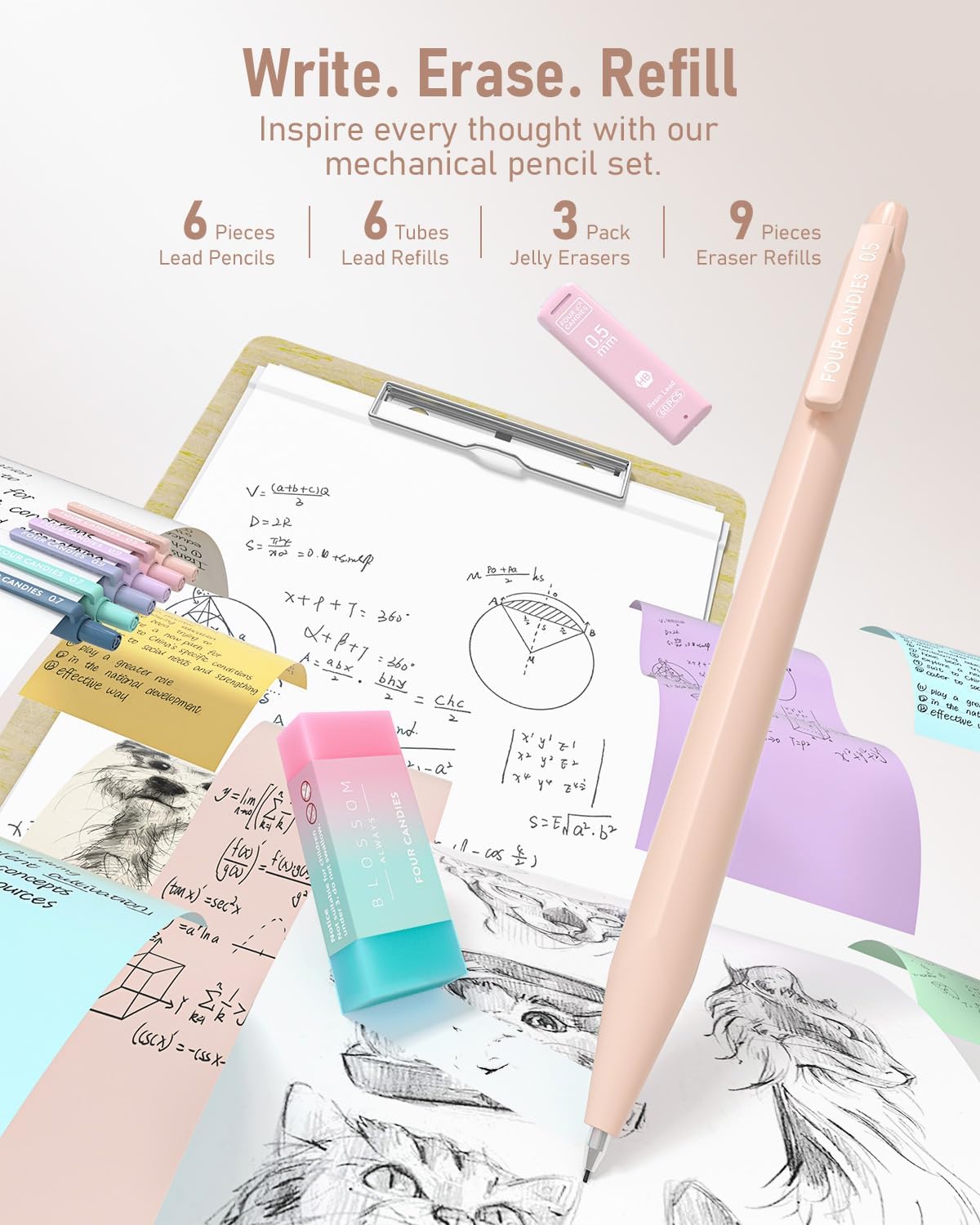 Four Candies 39 PCS Cute School Supplies with Pen Case for Girls - 5 Black Ink Gel Pens, 12 Pastel Highlighters, 6 Aesthetic Mechanical Pencils Set for Stationary College Essentials (Cream)