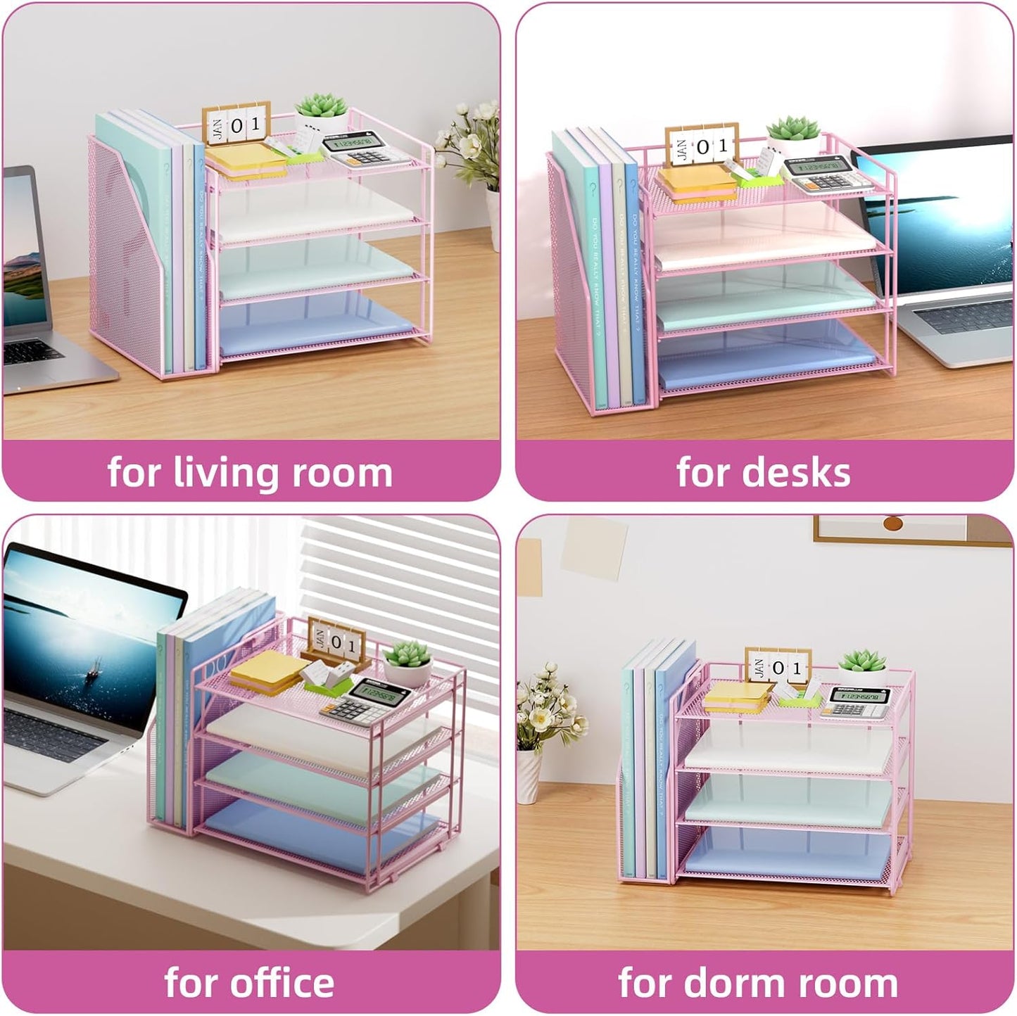 Marbrasse Desk Organizer and Accessories,4-Tier Paper Letter Tray Organizer with File Holder,Desk Accessories & Workspace Desktop Organizers for School Home Office Supplies (Pink)