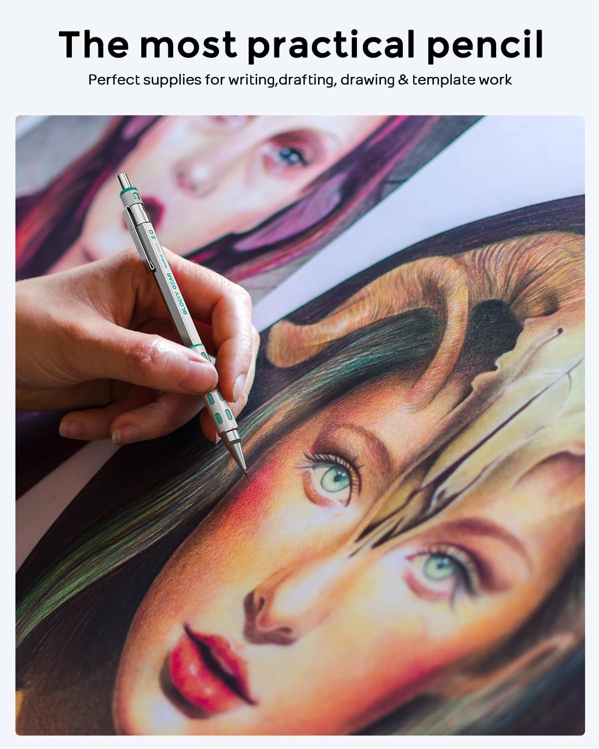 Nicpro Blocky Gear 2mm Metal Mechanical Pencils Set with Case, Drafting Pencil with 6 Tubes 2mm Lead Refill (HB 2B 2H 4B 4H & Colors) Sharpeners, Erasers for Artist Art Writing Drafting Drawing