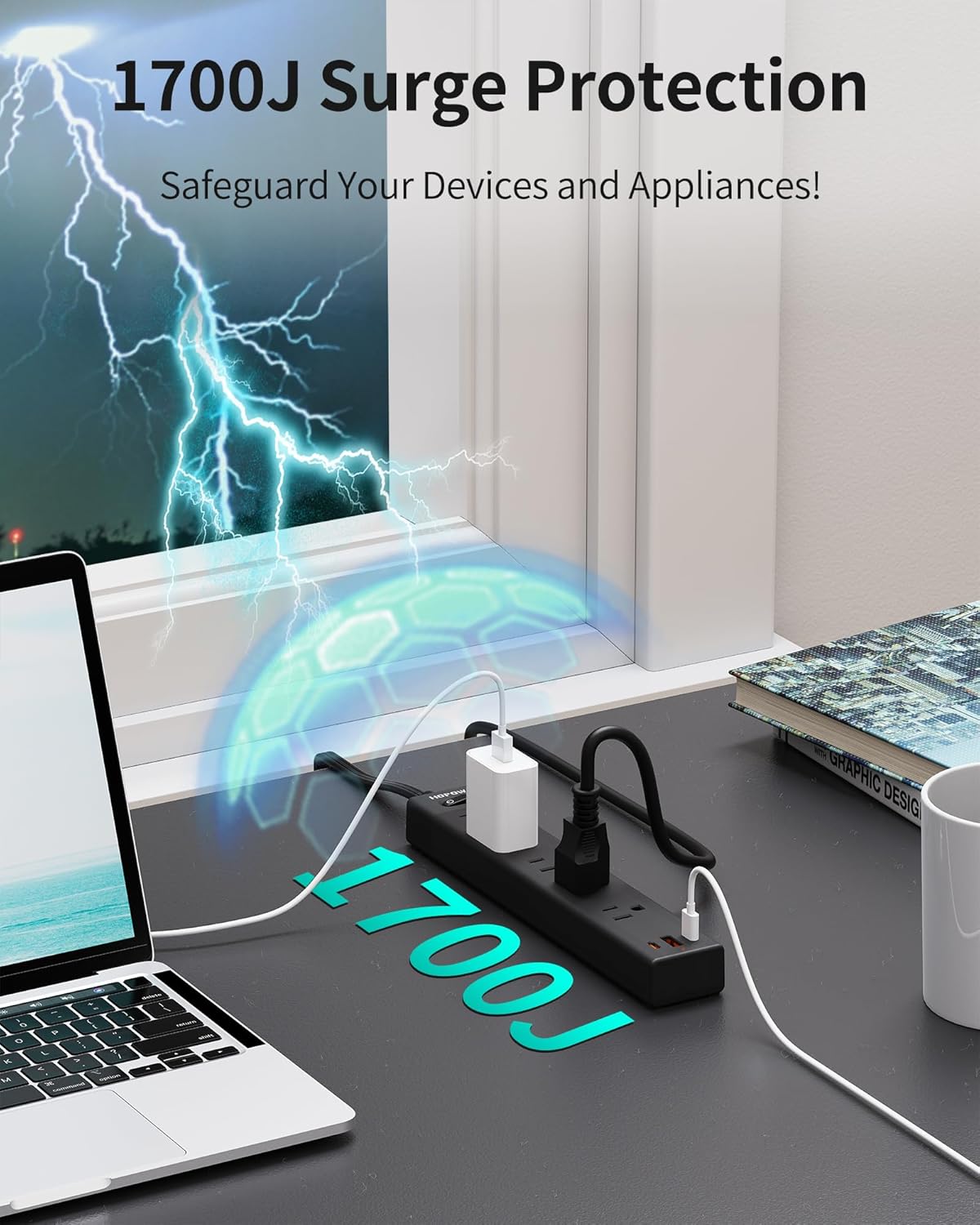 Power Strip Surge Protector, 10 Ft Ultra Flat Extension Cord, Surge Protector with 5 Outlets & 3 USB Ports (2 USB C), 1700 Joules, Wall Mount, Desktop Charging Station for Home Office, Black