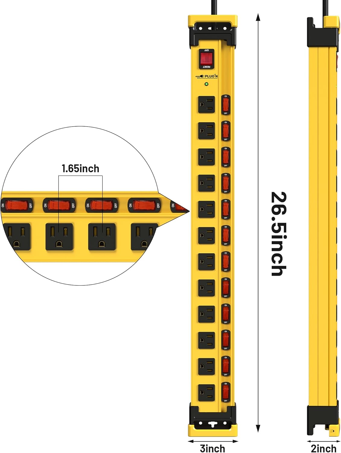 Plug'n 12 Outlet 3300J Surge Protector Power Strip,Individual Switches,9FT/14AWG/15AMP/1875W Power Cord,Heavy Duty Metal Power Strip with Cord Manager,for Workshop,Garage,Shop,2 Packs