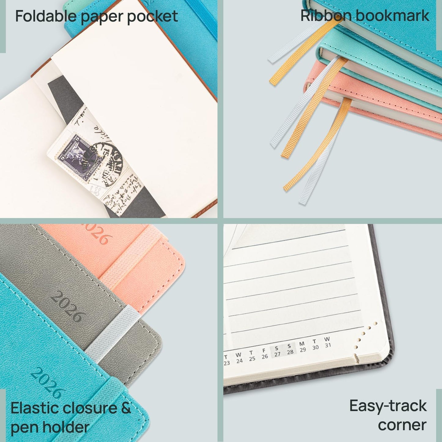 POPRUN Daily Planner 2026 (Jan - Dec), (Purse Size-4.25" x 6.25") 2026 Daily Calendar with One Page Per Day Even Weekends, Hourly Appointment Book with Pocket, PU Leather Softcover - Green