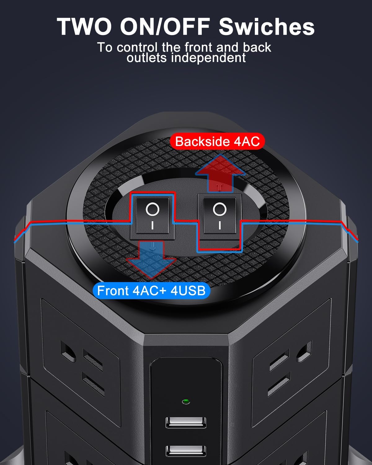 Surge Protector Power Strip Tower with 8 AC Outlets 4 USB Ports(2 Type C), 6.5 FT Ultra Flat Extension Cord, Flat Plug Power Strips Tower with Surge Protection for Home, Office, Dorm