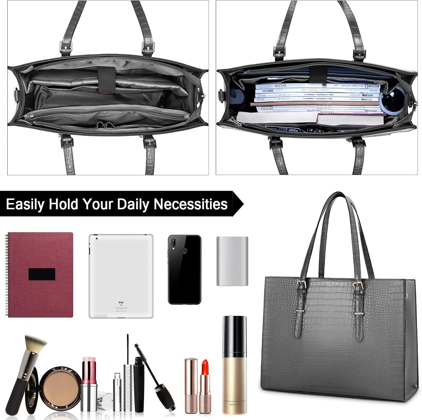 Laptop Bag for Women 15.6 Inch Laptop Tote Bag Leather Classy Computer Briefcase for Work Waterproof Handbag Professional Shoulder Bag Women Business Office Bag Large Capacity Grey