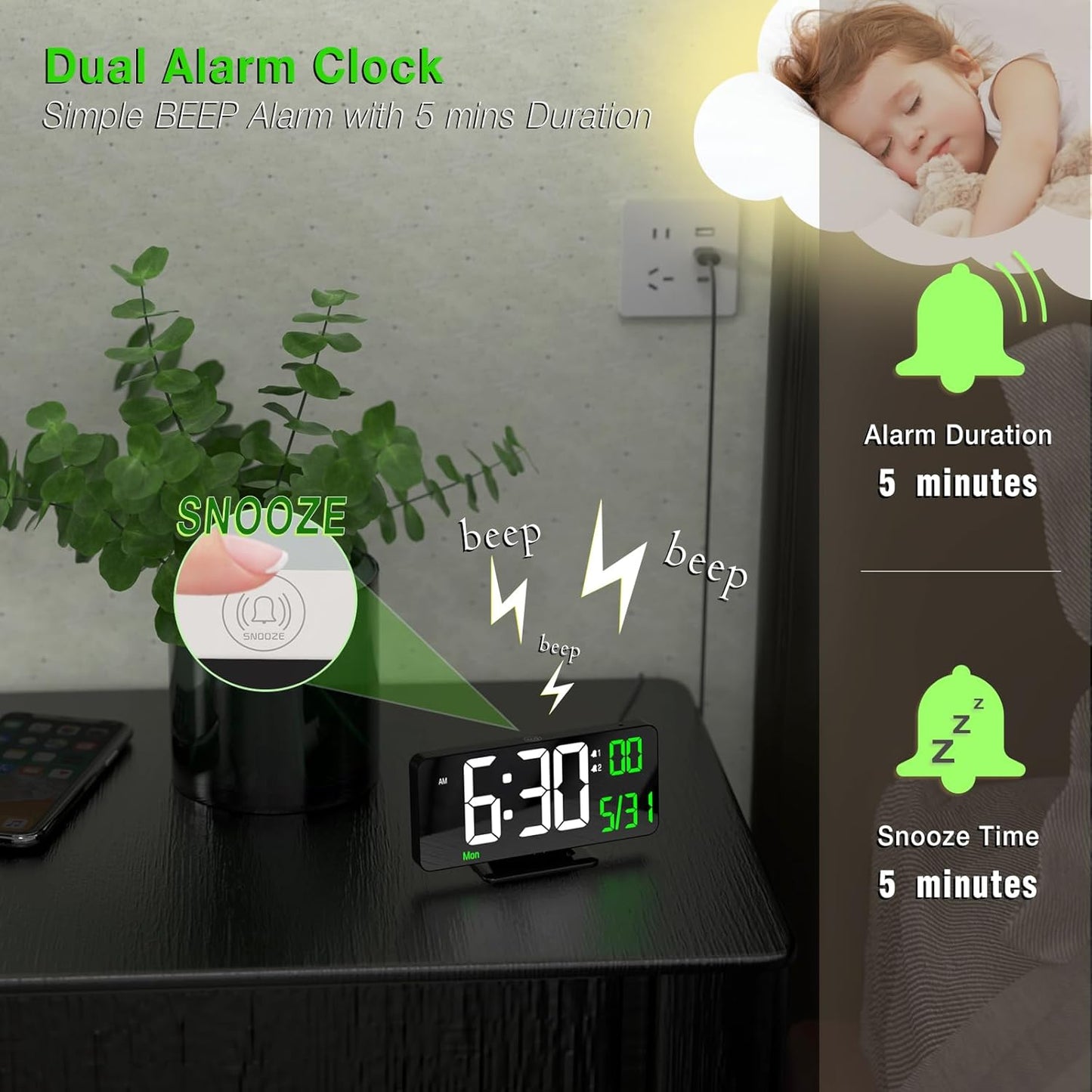 KOSUMOSU Desk Clock 6.7in Black Digital Alarm Clock with Dual Alarm, Dimming, Date, Day of Week, Temp, 12h 24h, Digital LED Clock for Table Decor, Digital Calendar Mirror Clocks Essentials