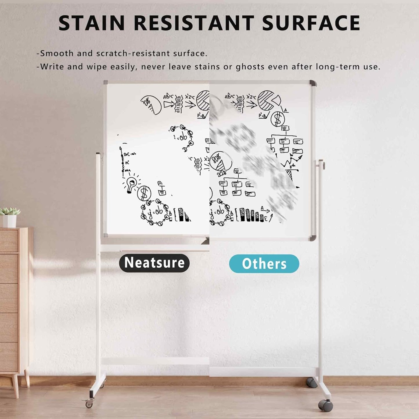 Large Rolling Whiteboard on Wheels, 48" x 36" Double-Sided Mobile White Board with Stand, 4' x 3' Portable Standing Magnetic Dry Erase Board Easel for Home Office Classroom School, Silver