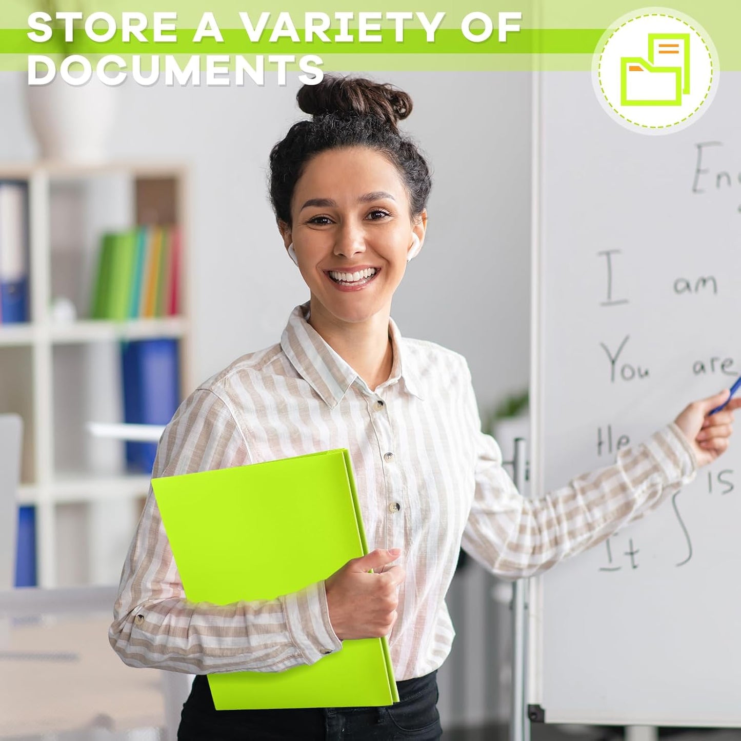 Henoyso 18 Pcs Plastic Folder with Clear Front Pocket and 3 Prong Plastic Folders with Card Slot Pocket Folders with Prongs for School Office (Fluorescent Green)