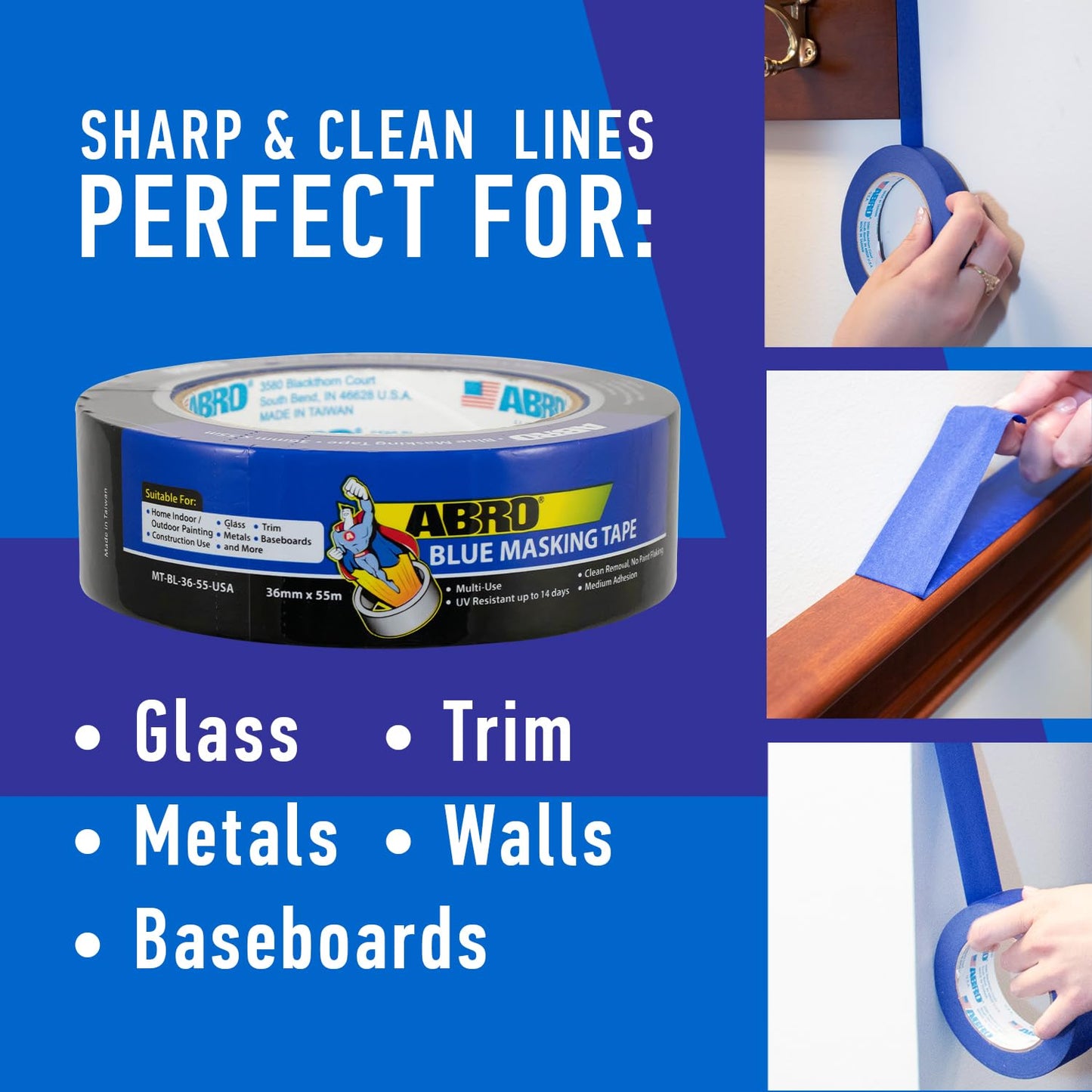 ABRO 3-Pack Blue Painters Tape: 18mm x 55M All Purpose Blue Tape, Temporary Labeling, Easy Tear, Clean Removal, Masking Tape Colored, DIY or Professional Use